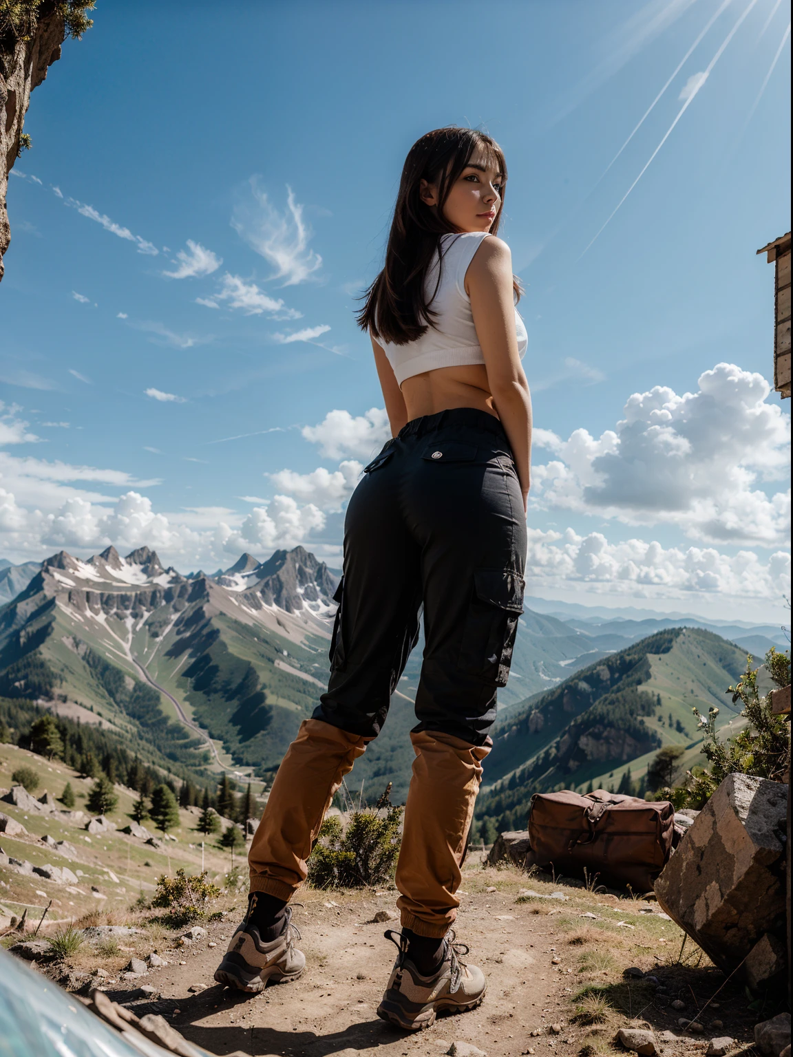 Pretty 25-year-old woman climbing a steep mountain, cargo pants, back to camera Estilo anime, altamente detallado