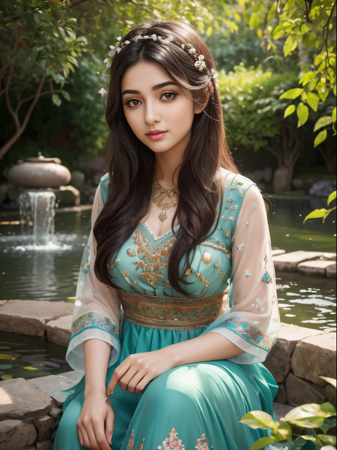 (8K, Ultra high res:1.1) Nasrin, an 18-year-old Iranian girl, finds tranquility in a beautiful Persian garden. She wears a traditional colorful dress, adorned with intricate patterns and embroidery, symbolizing her connection to Iranian culture. The high-resolution image captures ultra-detailed realism, highlighting Nasrin's captivating brown eyes, radiant smile, and flowing dark hair. The lush greenery, vibrant flowers, and serene water features create a peaceful ambiance, emphasizing Nasrin's appreciation for nature and her Iranian heritage.