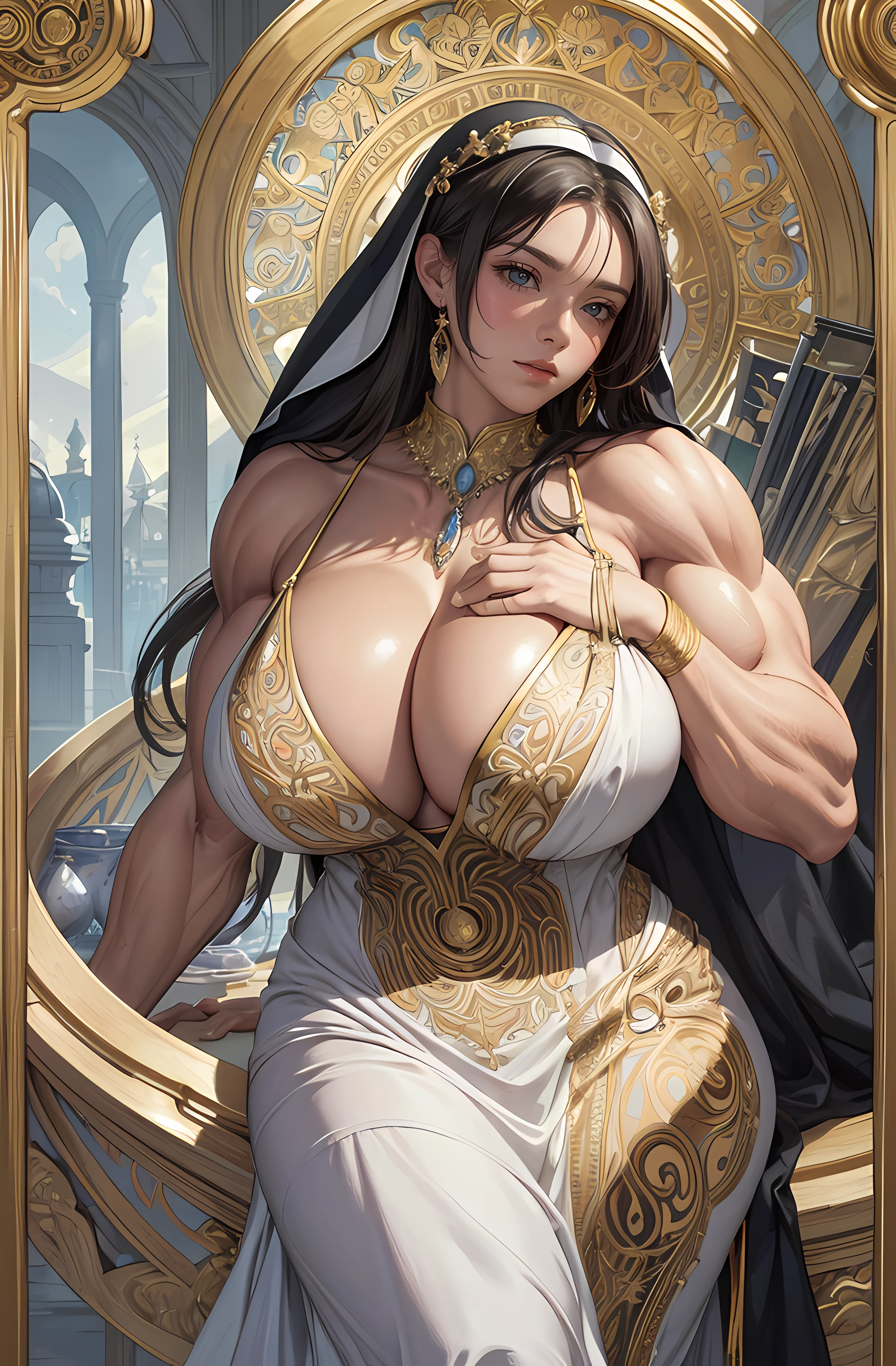 Portrait of the face of a mature woman ， with long coiled hair，Plump body，crisp breasts，鎖骨，huge tit，gigantic cleavage breasts，cleavage，Huge breast，white colors，Gold picture frame edge， Floral frame， Decorative panels， abstracted，waistup，The upper part of the body，Nun dress，Gold jewelry，Pedras preciosas，photorealestic，Artistically，An Alphonse Mucha's
（tmasterpiece，best qualtiy，A high resolution：1.4），the detail，complexdetails，4K，colored splashing，Line art，Fibonacci，((((huge muscles))))