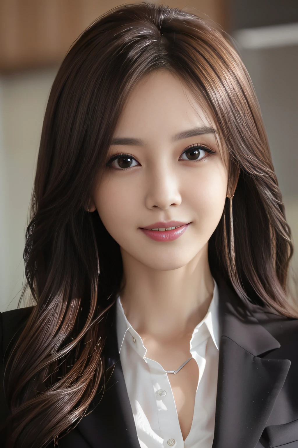 masutepiece, Best Quality, Photorealistic, Ultra-detailed, finely detail, High resolution, 8K Wallpaper, 1 beautiful woman,, light brown messy hair, in a business suit, foco nítido, Perfect dynamic composition, Beautiful detailed eyes, detailed hairs, Detailed realistic skin texture, Smiling, Close-up portrait, Model body type