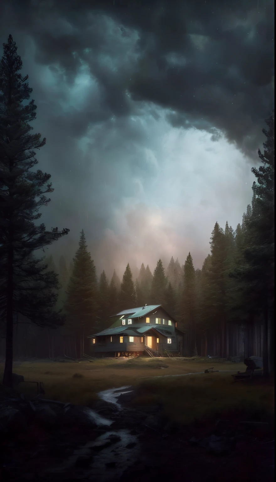There is a cabin in the forest with a stream passing through it., Casa na floresta, A casa na floresta, Cabana na Mata, arte conceitual escura fotorrealista, simon stålenhag. arte digital, eerie nostalgic concept art, inspirado em Gregory Crewdson, Casa na Madeira, Stefan Koidl inspirado, inspired by simon stålenhag