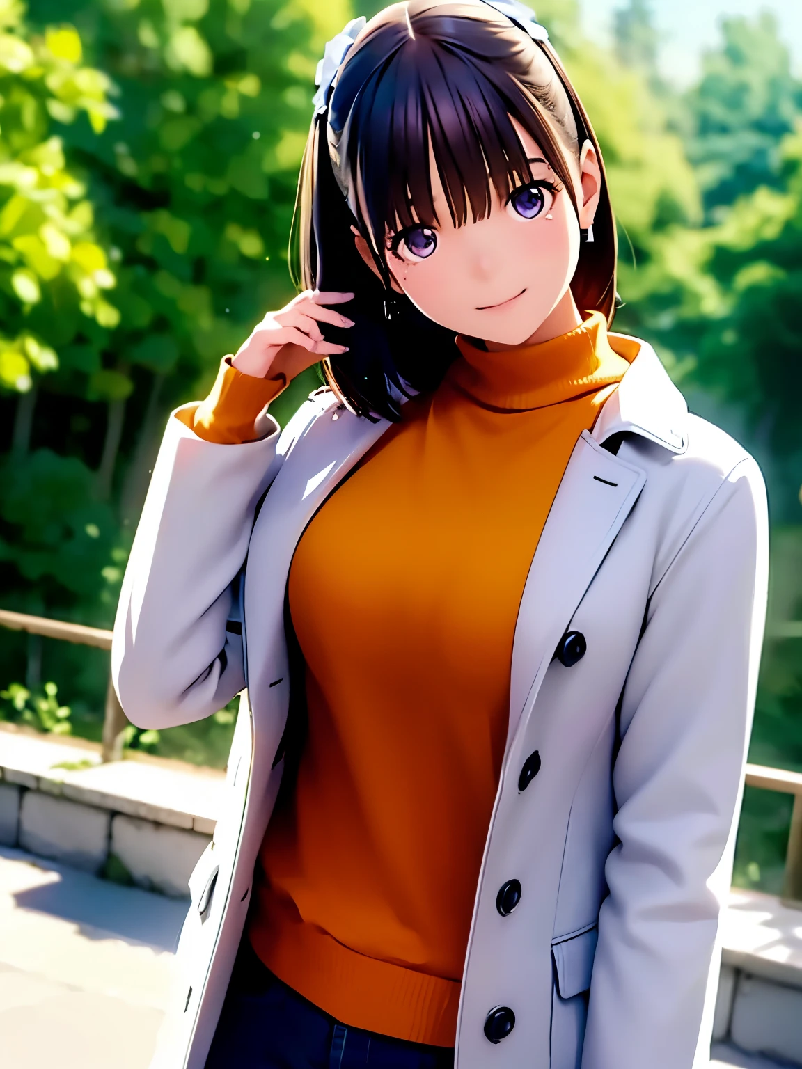 hight resolution,8K,Best Quality,detaileds,semi - realistic anime,Anime 3D Style,Smooth Anime CG,1 girl in,20 year old woman in Japan,slim,modeled,shiny chestnut hair,Medium Hair,Detailed face,Beautiful and detailed eyes,Glowing skin,(Sweaters,coat,layered clothes,Winter clothes),earring beautiful,Winters,dead wood,Hard Focus、film grains,Soft lighting,the wind,looking at the viewers,A smile,