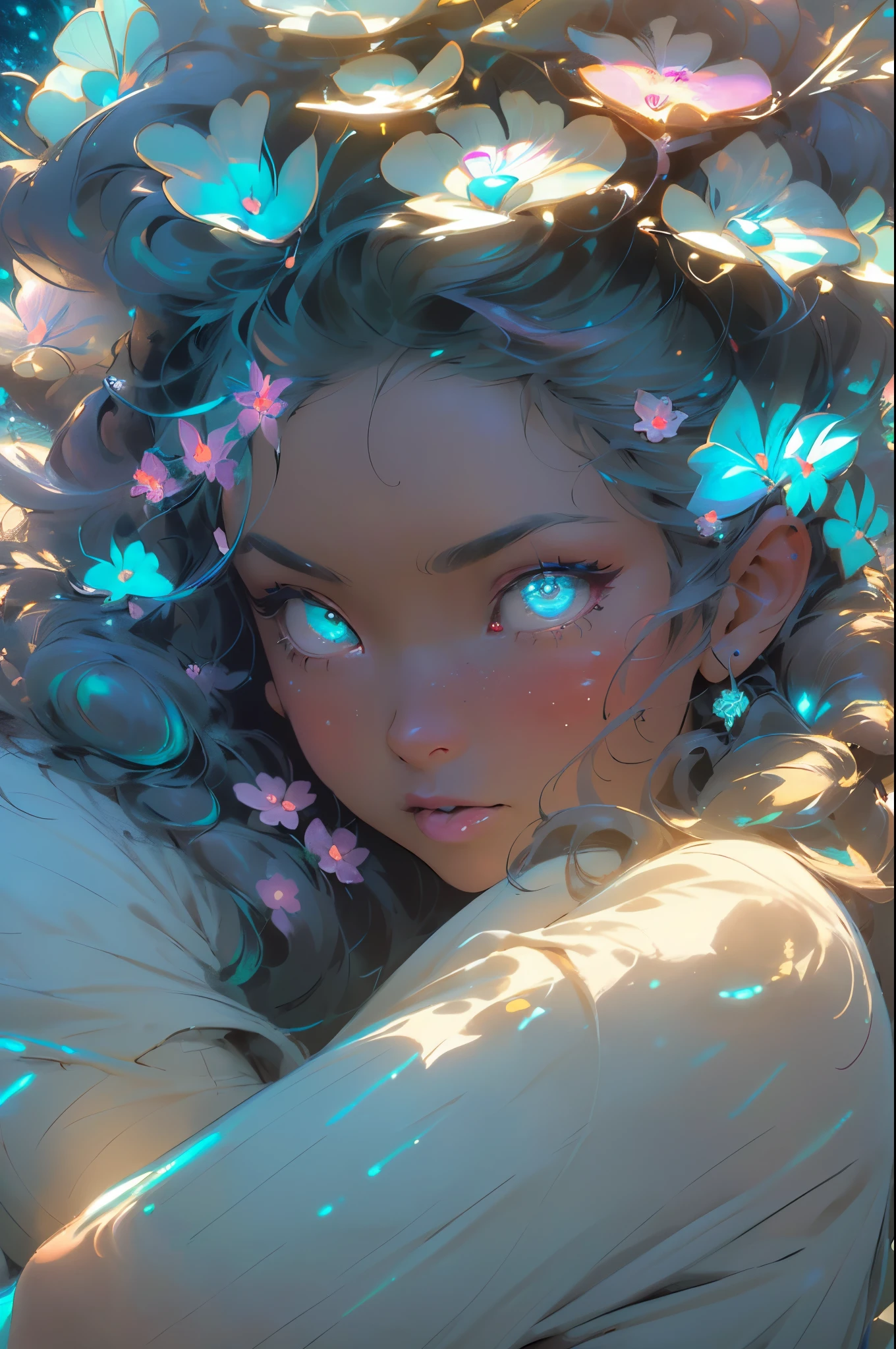 (Perfect Masterpiece, Extremely detailed 8K UHD QUALITY RESOLUTION, official art, award-winning portrait:1.2), best quality, (illustration:1.2), (ultra-detailed),Eye focus,(Masterfully crafted Glow, pink lens flare), (Cinematic graffiti splattered paint drip background), hyper details, (delicate detailed), (intricate details), octane render, hdr, (hyperdetailed:1.15), (soft light:1.2), 1girl, beautiful and sexy girl, ultra detailed eyes, mature, plump, thick, rainbow painting drops, outdoors, (bioluminescent hair:2),(glowing moonlight eyes, long detailed eyelashes), ((makeup)),(Cinematic masterpiece),(dynamic:1.2), fierce, powerful, splashes of colour absolutely eye-catching, (Cinematic headlight),((caustic)), dynamic angle, beautiful detailed glow, ambient occlusion, ambient light, raytraced reflections,(best illumination, an extremely delicate and beautiful), ((cinematic light)), (soft:2), (Nephilim:1.2), necro halo, demon horns, oni horns, demon wing, wings on back, half demon, demon ears, black wings, raven wings, (falling raven feathers, cherry blossoms blowing in the wind), (radiant aura), visible raven, (demon goddess), (dynamic sexy seductive slutty pose, sexy seductive slutty facial expression, blushing:1.2), sexy, alluring, long sleeve gloves