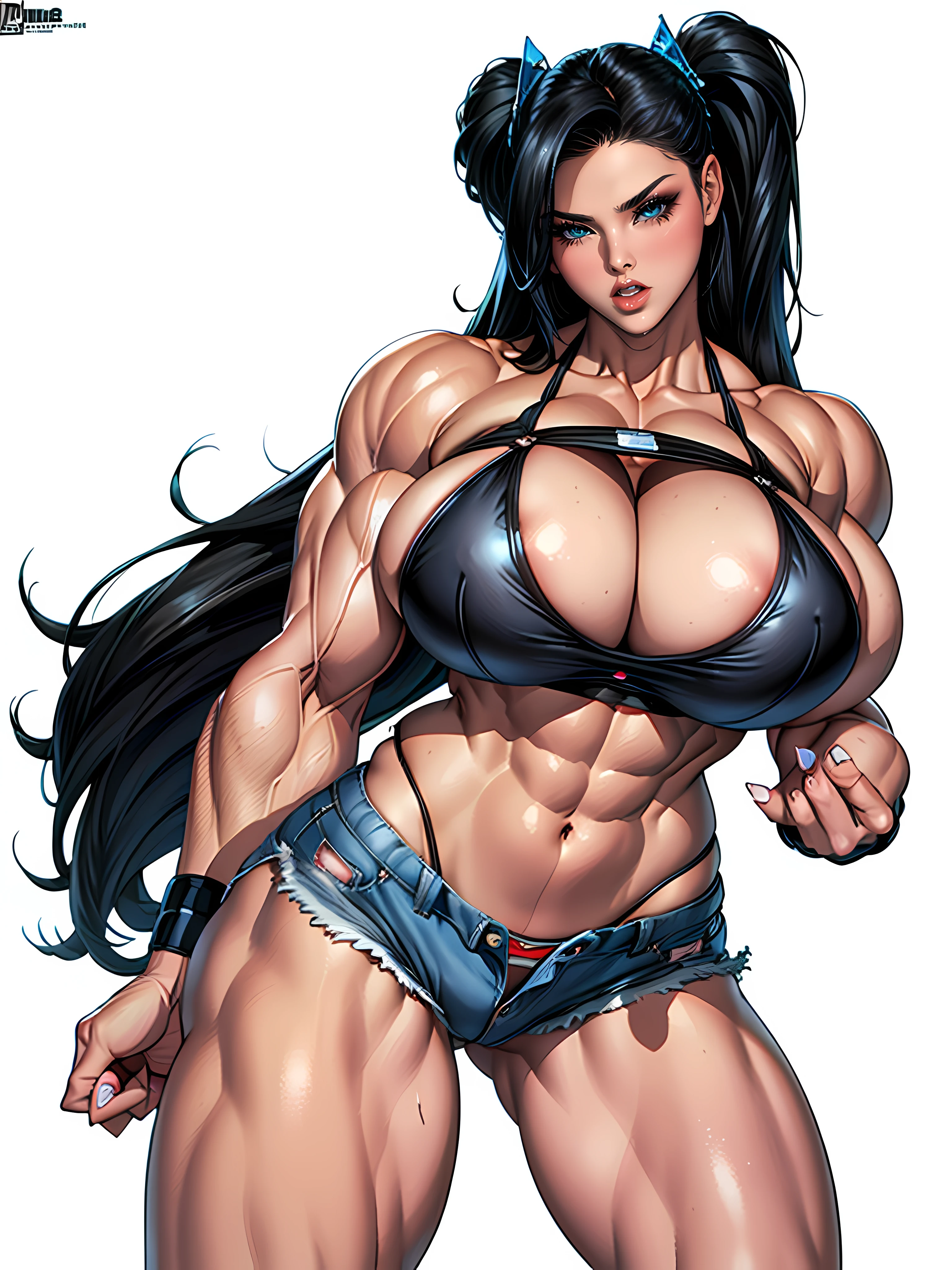 (high quality, best rendering), (beautiful girl), Blue Eyes, ((black long straight hair)),(bombshell, pin-up style), psychopath, crazy face, sexy pose, jean short shorts, tank top, pastel, centered, scale to fit dimensions, micro thong, micro bikini, camel toe, ((((huge muscles))))