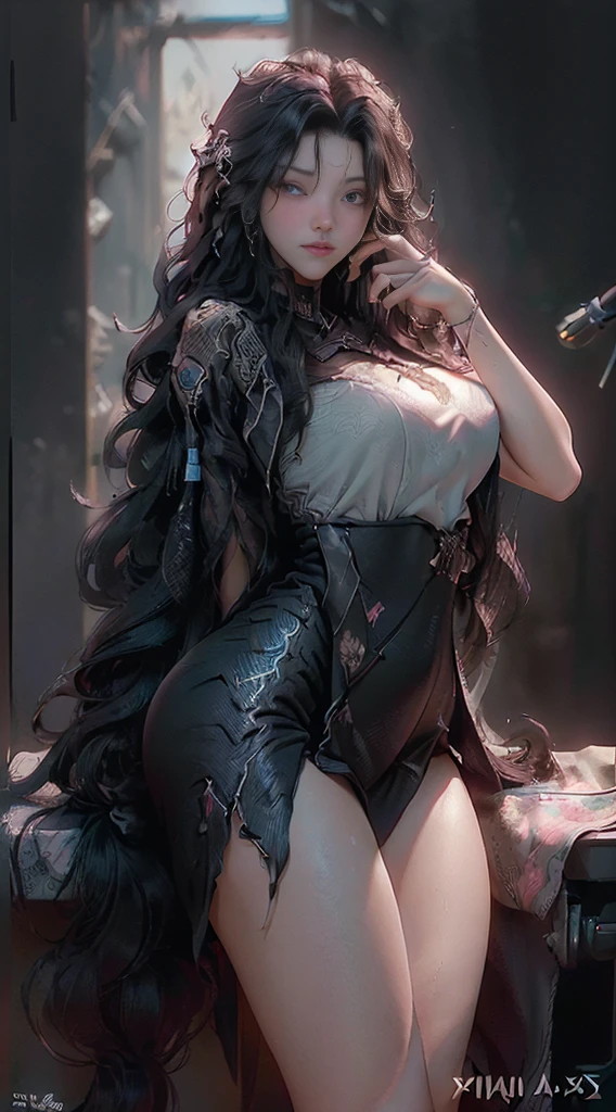 (Best Quality), ((Masterpiece), (Detail: 1.4), 3D, A Beautiful Cyberpunk Woman, HDR (High Dynamic Range), Ray Tracing, NVIDIA RTX, Super-Resolution, Unreal 5, Subsurface Scattering, PBR Textures, Post-Processing, Anisotropic Filtering, Depth of Field, Maximum Sharpness and Clarity, Multi-layer Textures, Albedo and Highlight Maps, Surface Shading, Precise simulation of light-material interactions, perfect proportions, Octane Render, two-color light, large aperture, low ISO, white balance, rule of thirds, 8K RAW, realistic, (dignified fluff, perfect proportions, bright eyes, light makeup, big black eyes, pink and moist lips), black hair, big black eyes, cold storage, sharp eyes, flowers, (masterpiece, realistic, high resolution), ((1 girl): 1.2), ((black wavy long hair): 1.3), (business suit, office documents, sitting at desk, playing with mobile phone), ((big breasts): 1.5, thin waist: 1.2, strangled thighs: 1.3, fair and moist skin)
