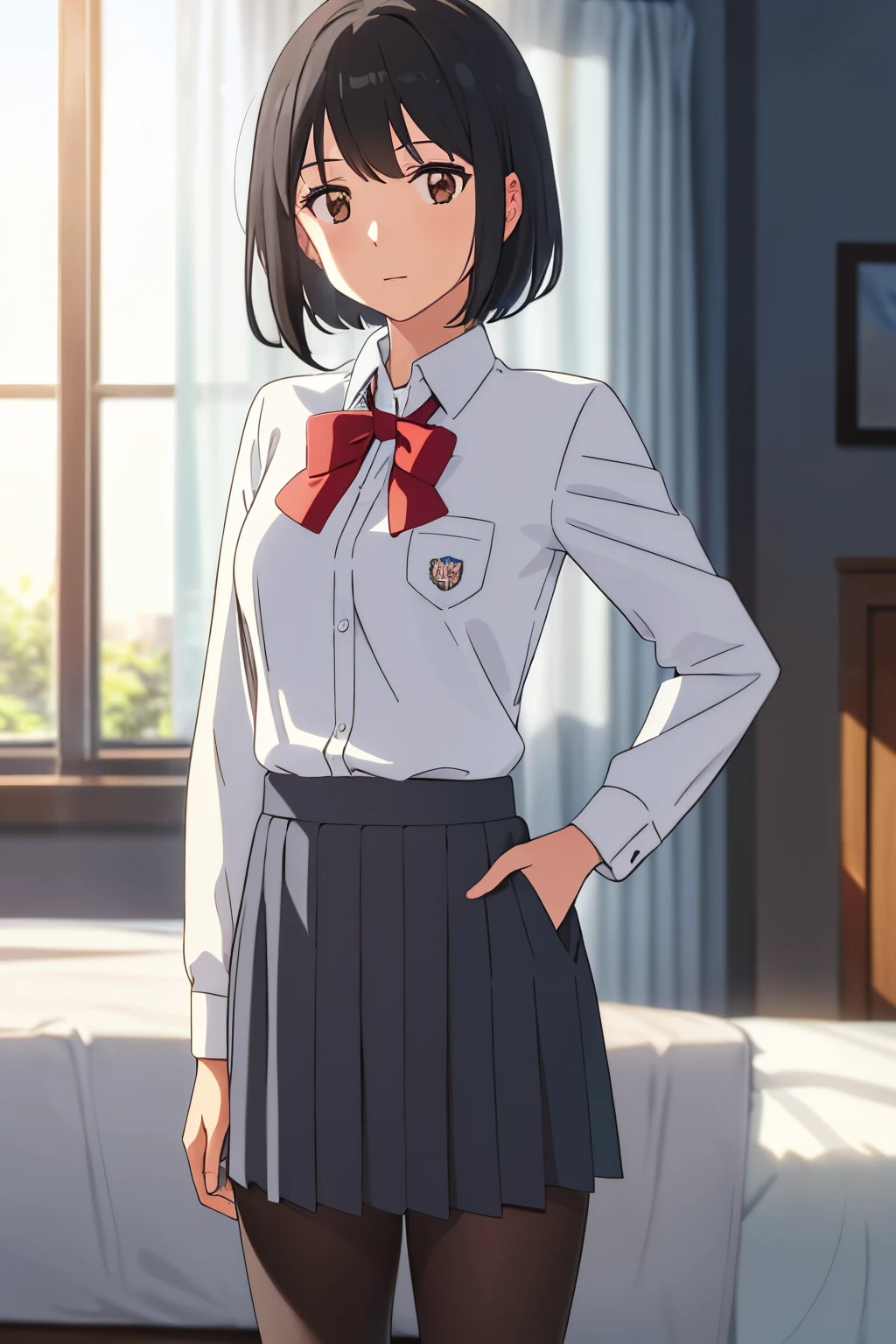 1girl, school uniform, long sleeved white shirt with a pocket and a red ribbon on the collar, medium breast, shirt tucked down, gray-colored skirt, brown loafers, short black stockings, short hair, black hair, brown eyes, cowboyshot, upper body, solo, bedroom, looking at the viewer,
