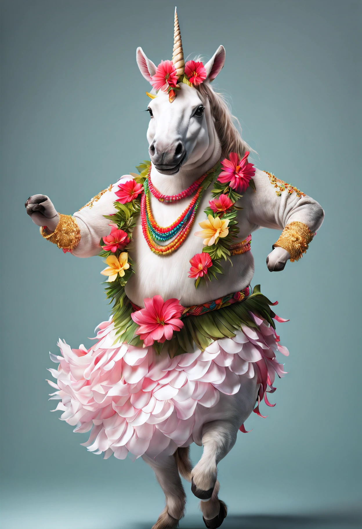 photorealistic portrait of Dressed animals - a fat unicorn  hula dancer,(dancing), high quality,(lovely) intricate details highly detailed hula costume ,flower lay, studio lighting,(full body image:1.5)