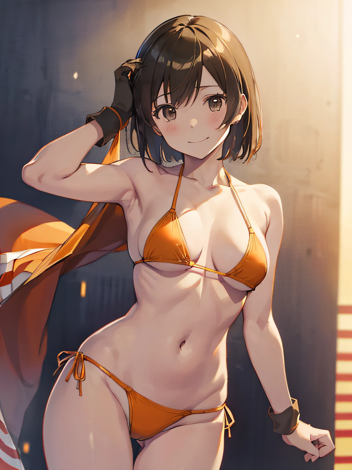 (masutepiece, Best Quality:1.2), Cowboy Shot, Solo, 1girl in, Hiryū, Smile, Looking at Viewer,Orange Micro Bikini , partially fingerless gloves、The background is professional wrestling、is standing、Facing the front