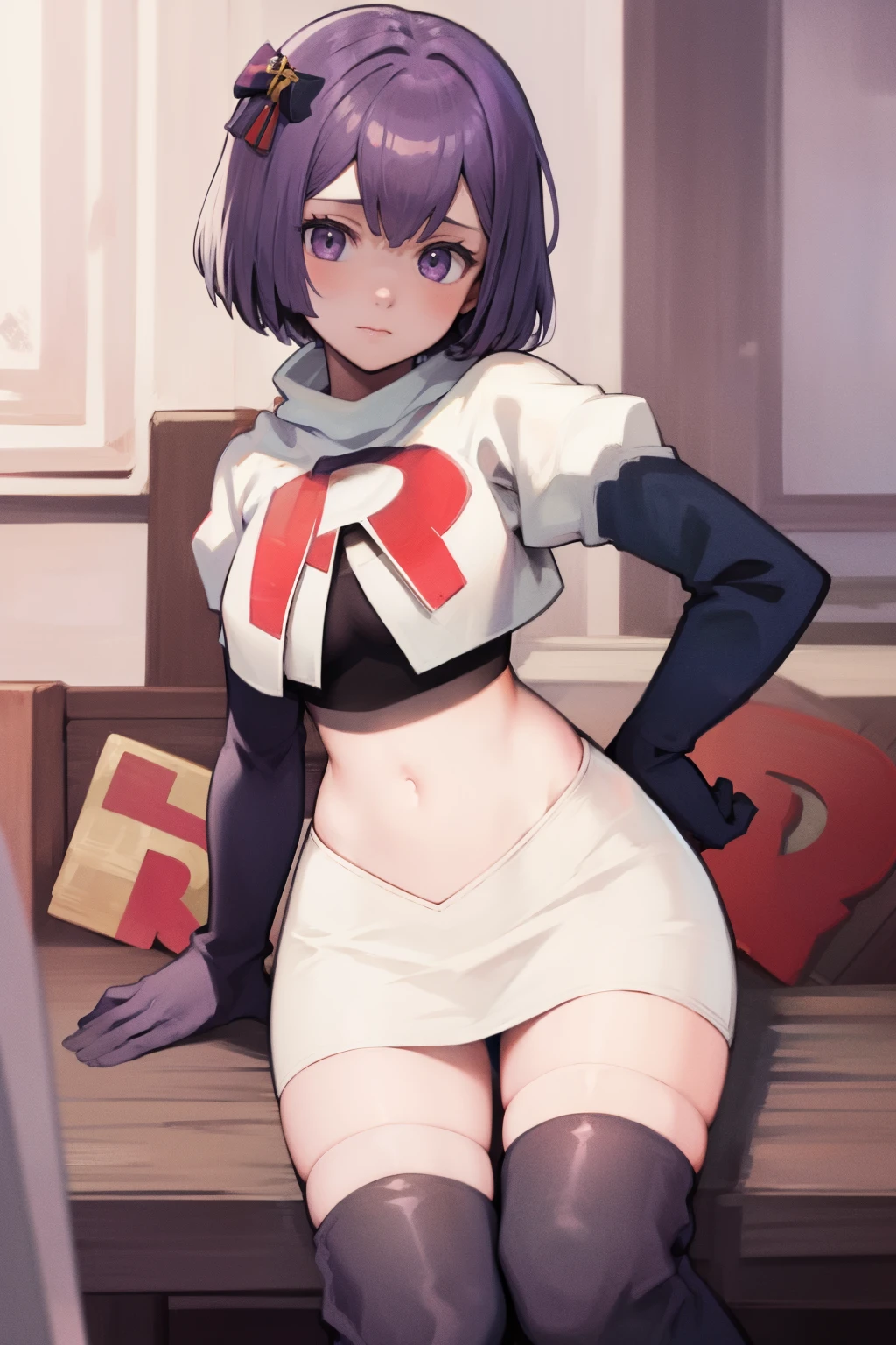 warBernie, hair bow, purple eyes, purple hair, team rocket uniform, red letter R, white skirt,white crop top,black thigh-high boots, black elbow gloves,