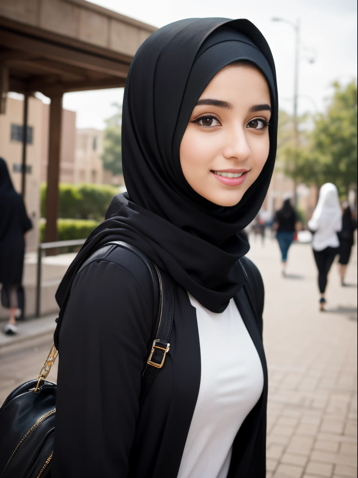 (8K, Ultra high res:1.1) Nasrin, an 18-year-old Iranian girl, showcases her hijab college fashion style. She wears a trendy and fashionable outfit that reflects her personal style and adheres to the principles of her faith. Nasrin's captivating brown eyes, radiant smile, and flowing dark hair are highlighted in the high-resolution image. The vibrant campus setting, bustling with students, adds to the energetic atmosphere, creating a visually stunning representation of Nasrin's unique hijab college fashion and her youthful confidence.