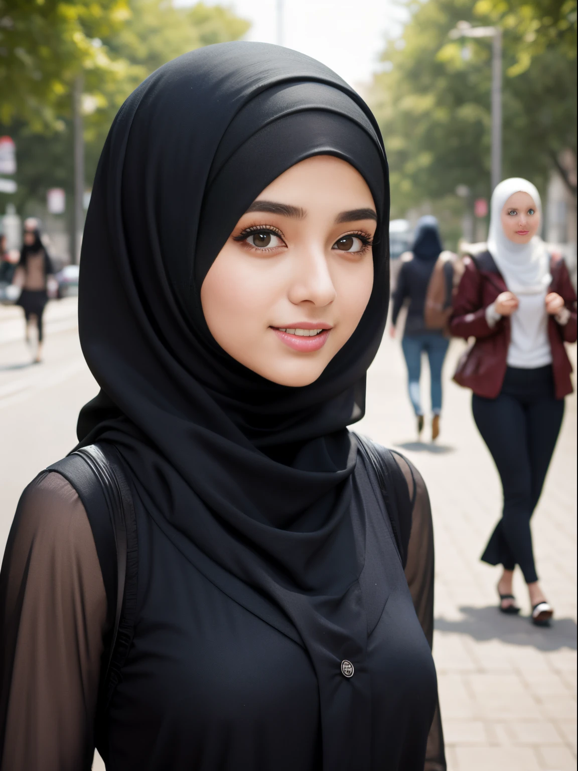 (8K, Ultra high res:1.1) Nasrin, an 18-year-old Iranian girl, showcases her hijab college fashion style. She wears a trendy and fashionable outfit that reflects her personal style and adheres to the principles of her faith. Nasrin's captivating brown eyes, radiant smile, and flowing dark hair are highlighted in the high-resolution image. The vibrant campus setting, bustling with students, adds to the energetic atmosphere, creating a visually stunning representation of Nasrin's unique hijab college fashion and her youthful confidence.