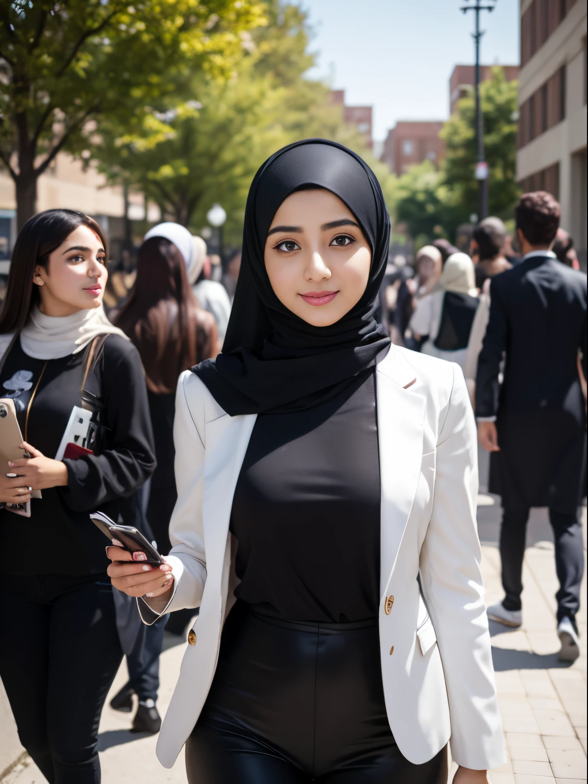 (8K, Ultra high res:1.1) Nasrin, an 18-year-old Iranian girl, showcases her hijab college fashion style. She wears a trendy and fashionable outfit that reflects her personal style and adheres to the principles of her faith. Nasrin's captivating brown eyes, radiant smile, and flowing dark hair are highlighted in the high-resolution image. The vibrant campus setting, bustling with students, adds to the energetic atmosphere, creating a visually stunning representation of Nasrin's unique hijab college fashion and her youthful confidence.