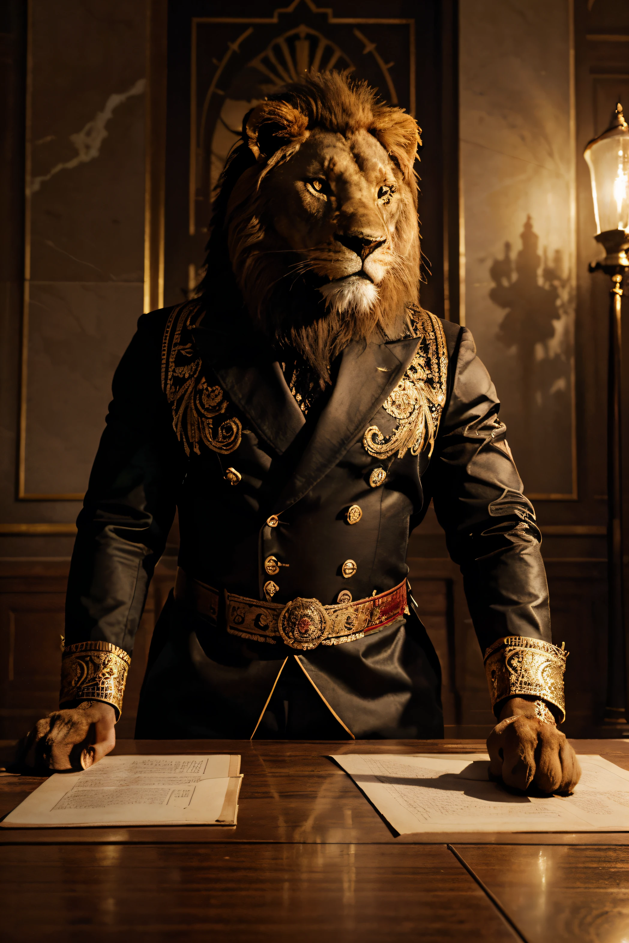 "anthropomorphic image of a powerful and sinister lion. The lion should be portrayed as a cunning and manipulative figure, dressed in elegant and majestic political attire. the Lion'The expression must exude arrogance and cruelty. The backdrop must be a grand and opulent political setting, with symbols of power and influence. Lighting should be dramatic, casting shadows that contribute to the lion'Sinister presence. Camera photo must be average, capture the lion'Sua postura imponente e detalhes sutis do traje . Resolution must be 8K or higher to show the lion's complex textures'casaco e os elementos ornamentados da roupa. O estilo de renderizado deve ter um aspecto profissional e polido. Artistic inspirations can be drawn from political illustrations and photographs of powerful political figures.