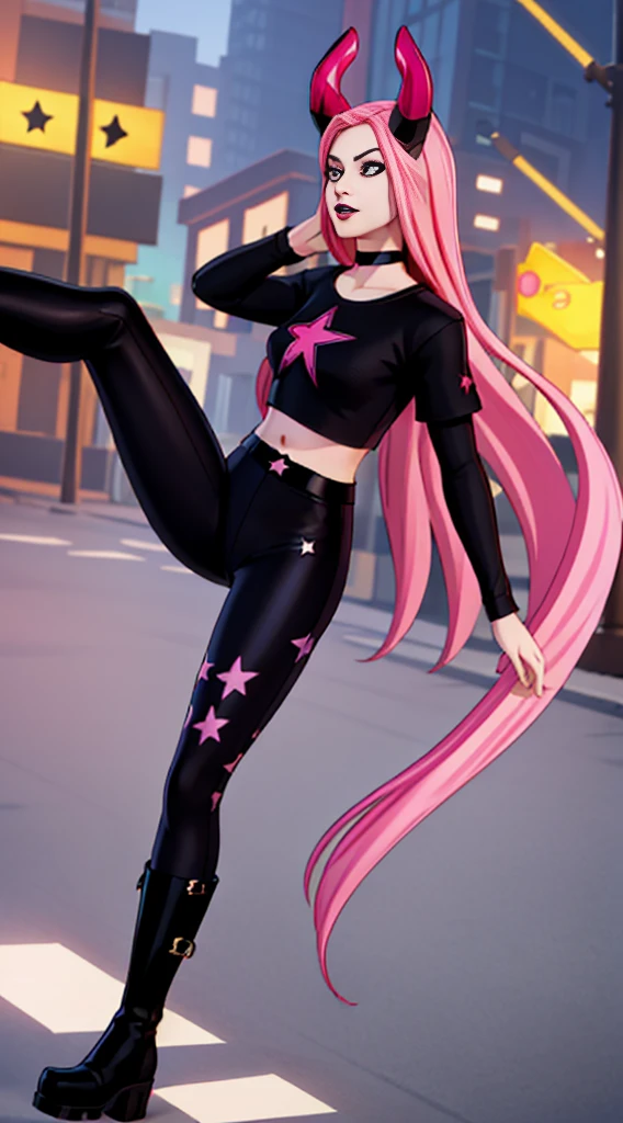 1girl, xyzhaze, pink hair, long hair, horns, mascara, black lips, makeup, closed mouth, solo focus, shirt, star_/(pattern/), midriff, tights, boots, naval