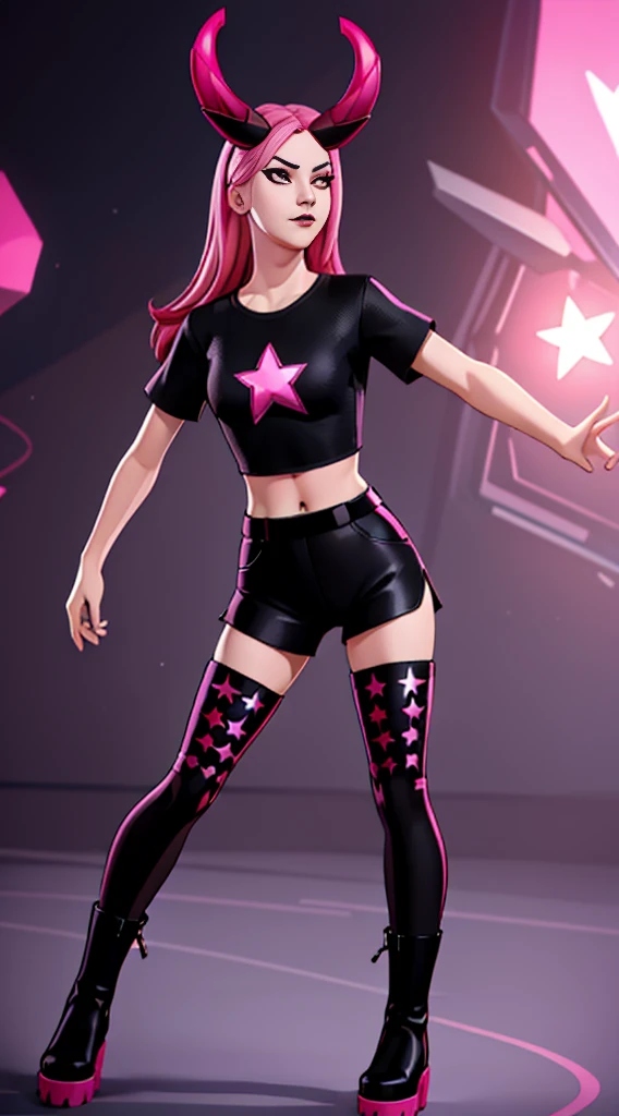 1girl, xyzhaze, pink hair, long hair, horns, mascara, black lips, makeup, closed mouth, solo focus, shirt, star_/(pattern/), midriff, tights, boots, naval