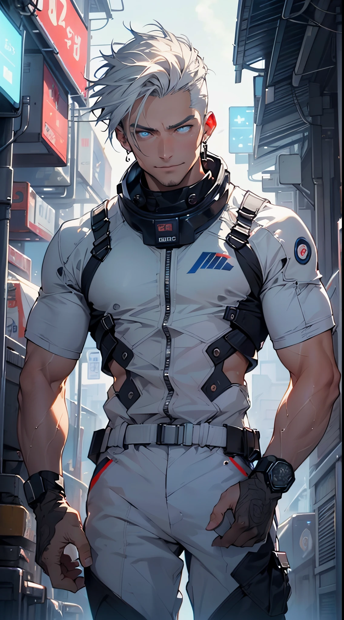 (man:1.5),1 man,space adventure man,(((1man))),

(((1male,man:1.5,handsome man,male,male gender:1.5,male focus))),macho man,old man,big muscle, pectoral, big pectoral,  muscular, Mature man,45 year old man,adult,1 man, old macho man

((short gray hair,slicked hair,gray hair)),(((lustrous skin:1.5,tanned skin,bright skin: 1.5,skin tanned,shiny skin,very shiny skin,shiny body,illuminated skin))),(((blue_eyes:1.2))),intricate eyes,beautiful detailed eyes,symmetrical eyes,man chest,handsome face,(((white very short beard, silver very short beard))),((muscular,hairy body,muscular man)),(((detailed face))),

alluring look,nsfw,Viking, barbarian,

space suit pants,((bulge in pants)),((space suit outfit, blue space suit,short sleeve spacesuit)),(wearing a space suit outfit:1.3,space suit clothes),((wet clothes,intricate outfit,intricate clothes)),

(dynamic pose:1.0),solo focus,((evil smile,evil look)),(centered,scale to fit dimensions,Rule of thirds),

cyberpunk city by the ocean at night, with bright neon signs and dark stormy clouds and puddles, scenery:1.25,nighttime, starry night, cosmos,Very dark night that makes the neon lights stand out, very bright neon lights,nighttime, starry night, cosmos,

artistic photography,(photography taken by sldr),highres, sharp focus,(ultra detailed, extremely detailed), (photorealistic artwork:1.37),(extremely detailed CG unity 8k wallpaper),((synthwave background theme)),(((vibrant colors))),intricate,(intricate background),(masterpiece),(best quality),photo realistic,analog style,((intricate detail)),(((realism))),