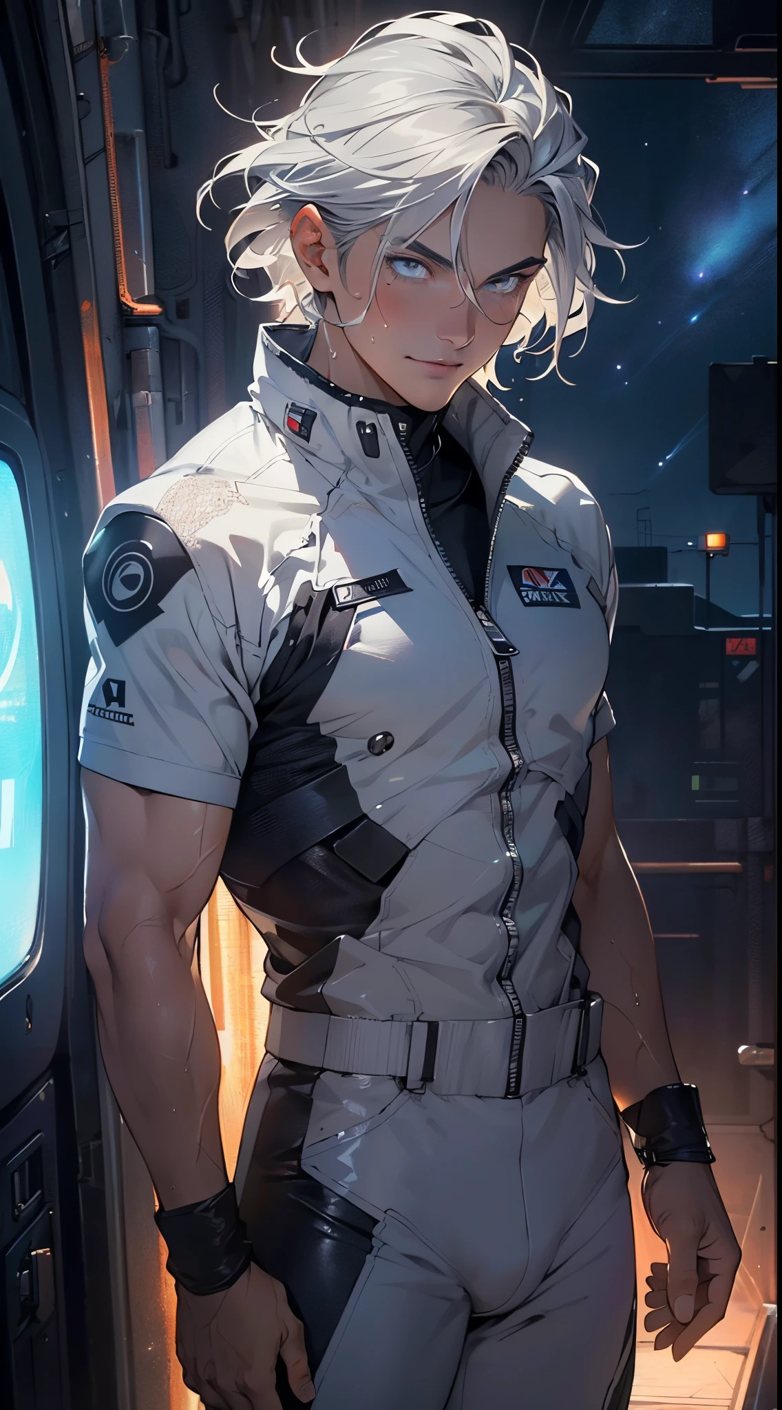 (man:1.5),1 man,space adventure man,(((1man))),

(((1male,man:1.5,handsome man,male,male gender:1.5,male focus))),macho man,old man,big muscle, pectoral, big pectoral,  muscular, Mature man,45 year old man,adult,1 man, old macho man

((short gray hair,slicked hair,gray hair)),(((lustrous skin:1.5,tanned skin,bright skin: 1.5,skin tanned,shiny skin,very shiny skin,shiny body,illuminated skin))),(((blue_eyes:1.2))),intricate eyes,beautiful detailed eyes,symmetrical eyes,man chest,handsome face,(((white very short beard, silver very short beard))),((muscular,hairy body,muscular man)),(((detailed face))),

alluring look,nsfw,Viking, barbarian,

space suit pants,((bulge in pants)),((space suit outfit, blue space suit,short sleeve spacesuit)),(wearing a space suit outfit:1.3,space suit clothes),((wet clothes,intricate outfit,intricate clothes)),

(dynamic pose:1.0),solo focus,((evil smile,evil look)),(centered,scale to fit dimensions,Rule of thirds),

cyberpunk city by the ocean at night, with bright neon signs and dark stormy clouds and puddles, scenery:1.25,nighttime, starry night, cosmos,Very dark night that makes the neon lights stand out, very bright neon lights,nighttime, starry night, cosmos,

artistic photography,(photography taken by sldr),highres, sharp focus,(ultra detailed, extremely detailed), (photorealistic artwork:1.37),(extremely detailed CG unity 8k wallpaper),((synthwave background theme)),(((vibrant colors))),intricate,(intricate background),(masterpiece),(best quality),photo realistic,analog style,((intricate detail)),(((realism))),