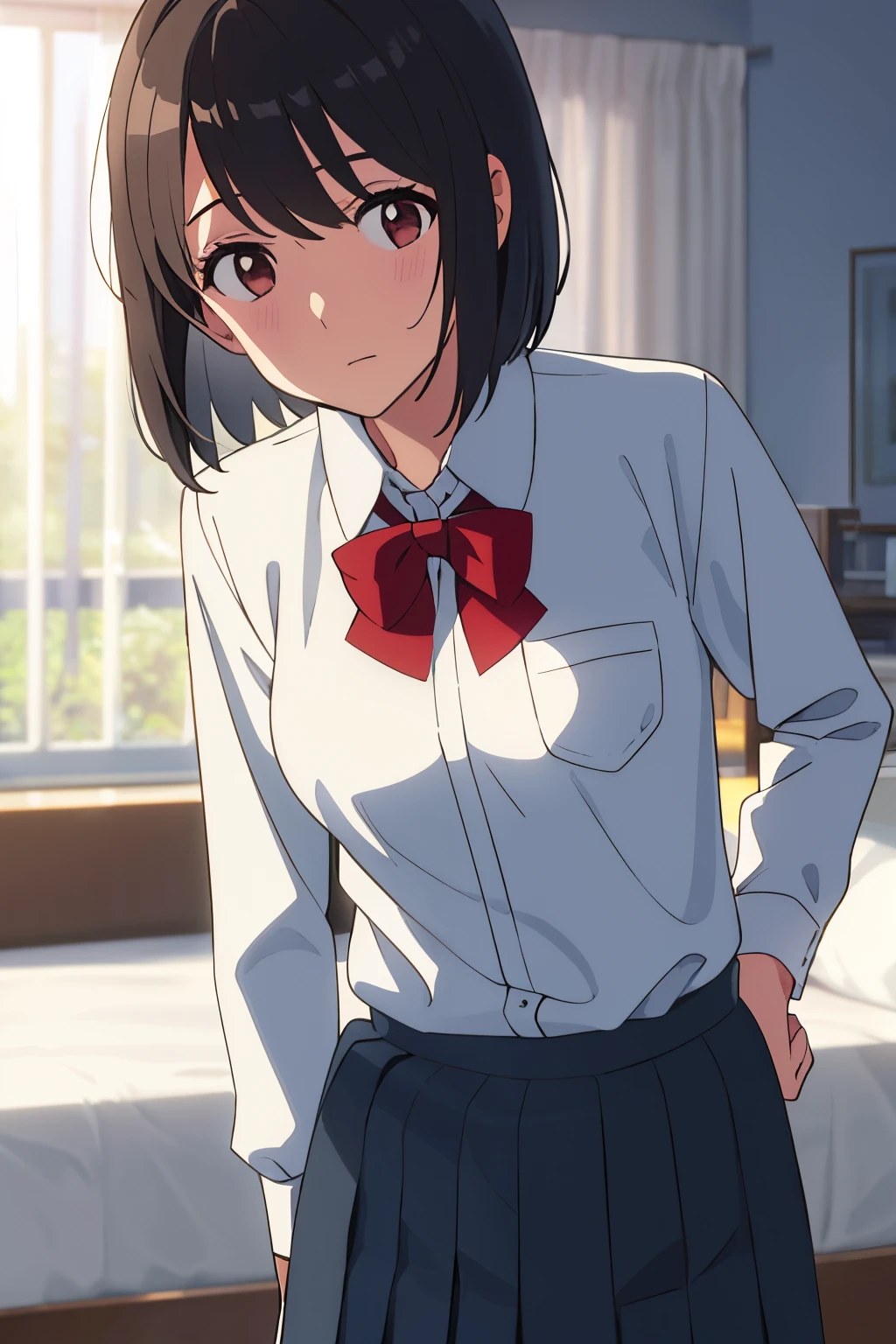 1girl, school uniform, short-sleeved white shirt with a pocket and a red ribbon on the collar, medium breast, shirt tucked down, gray-colored skirt, brown loafers, short black stockings, short hair, black hair, brown eyes, cowboyshot, close up, solo, bedroom, looking at the viewer