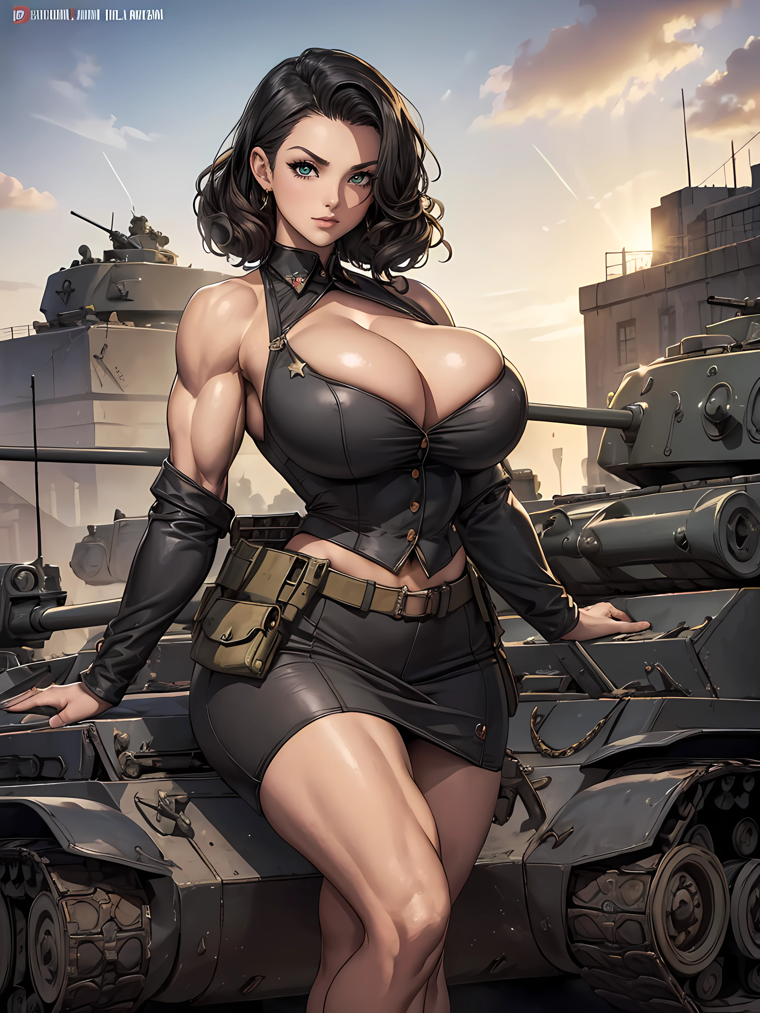 (masterpiece, top quality, best quality, official art, beautiful and aesthetic:1.2), (1girl:1.3), black hair victory curls, vintage 1940's American hairstyle, extremely detailed, portrait, looking at viewer, solo, (full body:0.9), detailed background, close up, vintage makeup, retro style, (warm summer military base theme:1.1), pinup girl, elegant face, long face, charlatan, smirk, mysterious, posing on top of a tank, patriotic costume, star spangled costume, high heels, legs, M4 Sherman tank, WWII tank, armored vehicle, ((((huge breasts)))), toned, slim waist, slim hips, long legs, muscular legs, historical (WW2 army base exterior:1.1) background, dark mysterious lighting, shadows, magical atmosphere, dutch angle, ((((huge muscles))))