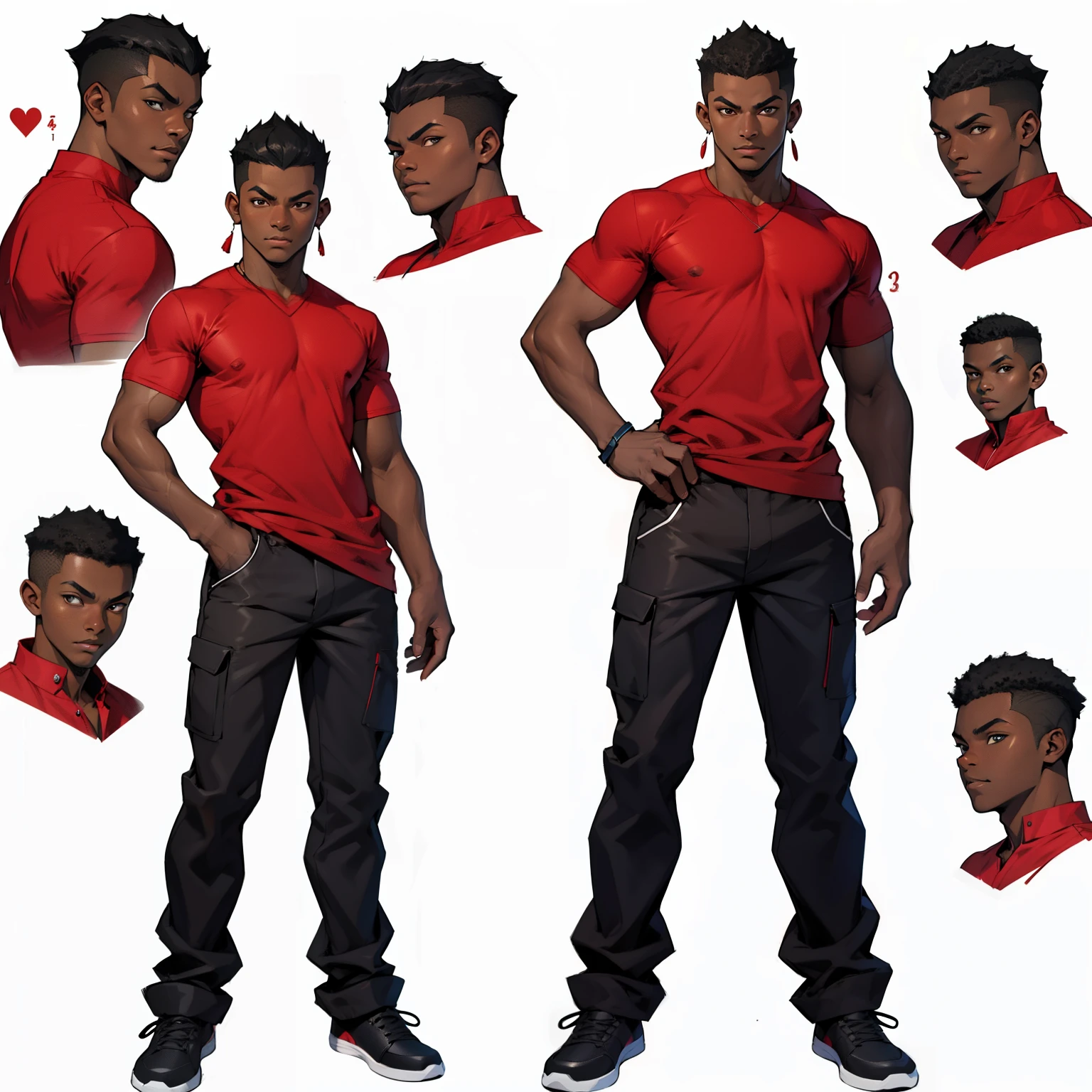 create a 10 years old african boy, dark skin, wearing red t-shirt and black pant, multiple pose and expressions, children book illustration style, character design, concept design sheet, white background, sketch, colorful, artgerm