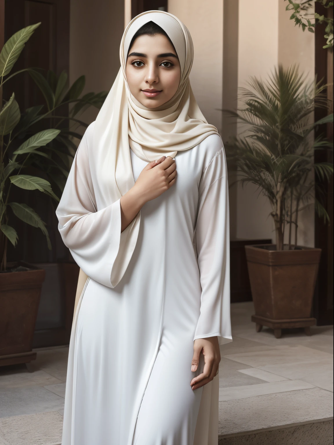 (8K, Ultra high res:1.1) Nasrin, an 18-year-old Iranian girl, finds peace and serenity during prayer time. She wears a modest and elegant Muslim outfit, including a hijab, symbolizing her devotion to her faith. Nasrin's captivating brown eyes, radiant smile, and flowing dark hair are highlighted in the high-resolution image. The soft lighting, calm surroundings, and tranquil atmosphere create a serene ambiance, capturing Nasrin's spiritual connection and her youthful devotion.