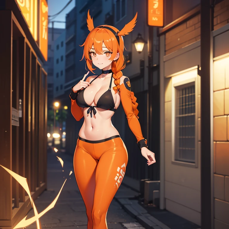 standing in front of a building in the background, sports bra, leggings, black hairband, braid, collarbone, front-tie bikini top, bum hair , long sleeves, open clothes, orange hairneck tattoo, choker, hair ornament, long hair, (orange eyes:1.5), red choker, sidelocks, 1 girl, 20yo,young female,Beautiful Finger,Beautiful legs,Beautiful body,Beautiful Nose,Beautiful character design, perfect eyes, perfect face, looking at viewer, (innocent_big_eyes:1.0),(expressionless:1.3),seductive pose.teasing smile, NSFW,official art,extremely detailed CG unity 8k wallpaper, perfect lighting,Colorful, Bright_Front_face_Lighting, (masterpiece:1.0),(best_quality:1.0), ultra high res,4K,ultra-detailed, photography, 8K, HDR, highres, absurdres:1.2, Kodak portra 400, film grain, blurry background, bokeh:1.2, lens flare, (vibrant_color:1.2) (Beautiful,medium_Breasts:1.4), (beautiful_face:1.5),(narrow_waist),(perfect anatomy,perfect fingers),