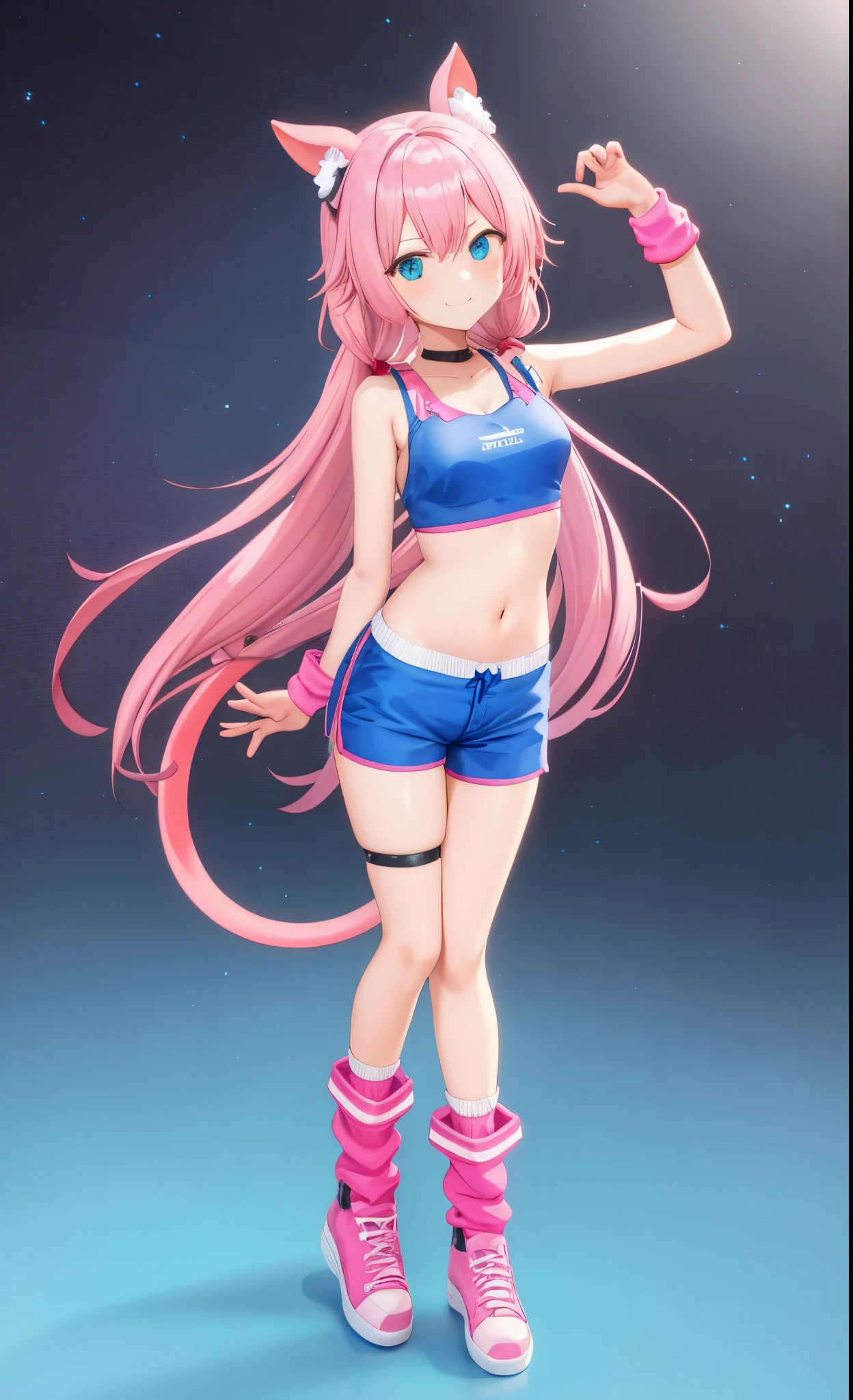 Garota anime com cabelo rosa e shorts azuis posando para uma foto, cabelo rosa twintail e olhos cianos, humanoid pink female squid girl, Anime Waifu, 3d menina anime, menina monstro anime, menina anime, anime vtuber modelo de corpo inteiro, Menina anime com cabelo longo, Menina do anime chamada Lucy, (menina anime), anime estilo 3d