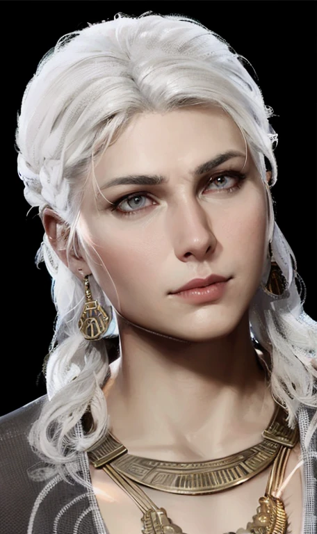 arafed woman with white hair and earrings in a black background, portrait ezio auditore as female, 8k portrait render, cinematic bust portrait, cinematic realistic portrait, female character, realistic face moody lighting, female lead character, grey eyes, trending on art station, HD, 8k, best quality, masterpiece