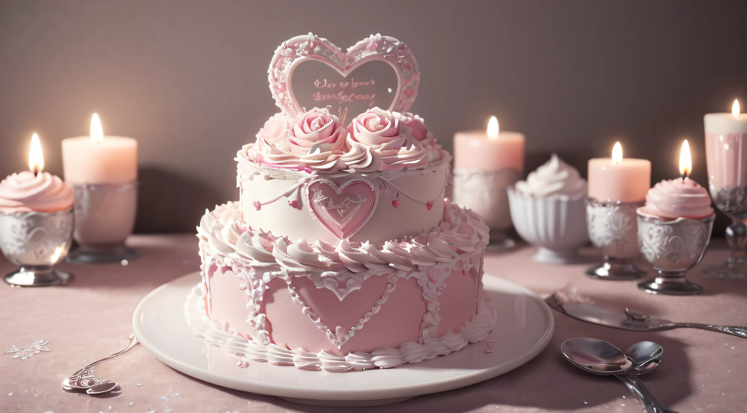 Best quality at best,4K,A high resolution,tmasterpiece:1.2,ultra - detailed,((very intricate)),(Cute 3D heart shaped cake),Frosting,whipped cream,Decorative style,Colorful,Tasty,Sweet,celebration,Birthday parties,Happy,cheerfulness,desserts,magical,gentlesoftlighting,pastelcolor,Romantic atmosphere
