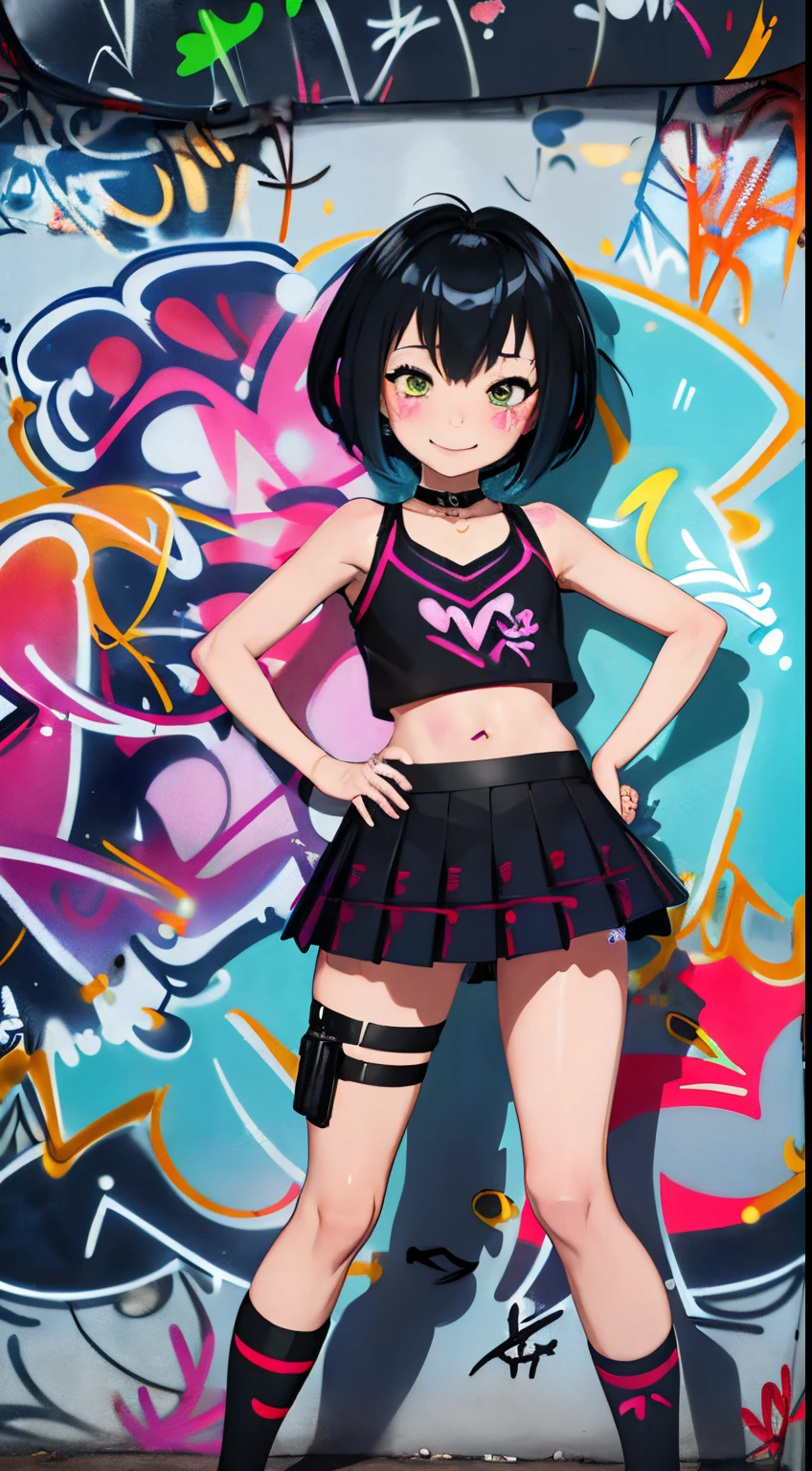 masterpiece, best quality, peni parker  loli 1girl  solo, crop top,  pantie , choker, (graffiti:1.5), paint splatter, smile smug , arms behind back, against wall, looking at viewer, armband, thigh strap, paint on body, head tilt, bored,  aqua eyes, headset, infant sign of peace with the hands.