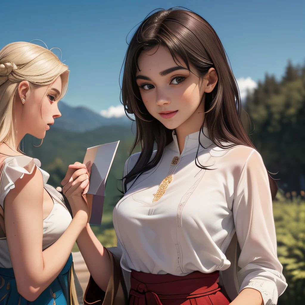 (Extremely detailed 8k wallpaper:2), (photo:2), (26 years old soigne Beautiful girl:2), (gives a lecture to friends:2), detailed (Face and eyes), (hyper realistic:1), (highly detailed:1), (epic realistic:1), rim light, (maximum details:1), cozy, (fullbody:1.3), (looking at viewer:2), (Woman's Attractive Qualities:2), (Attractive Woman:2), (Attractive:2), Smile, Intelligence, Empathy, Gracefulness, Sense of Style, Fitness, Grooming, Optimism, (Sensitivity:2), Sincerity, Romantic Gestures, Playfulness, Fashion Sense, (Sensuality:2), Charm, Modesty, Thoughtfulness, (Femininity:1), Flirtatiousness, Warmth, (Physical attractiveness:2), A beautiful smile, A love of life, strength and power, vulnerability, curiosity, wonder, love, (nature background:2), kawaii, waifu, Beautiful breasts, (attractive body:2), (Beautiful body:2), Beautiful pose, attractive pose, (Beautiful legs:1.0), (Beautiful clothes:1), (classic clothes:2), (elegant clothes:2), (European clothes:2), detailed clothes, (skirt:1), (blouse:1), (provocative pose)