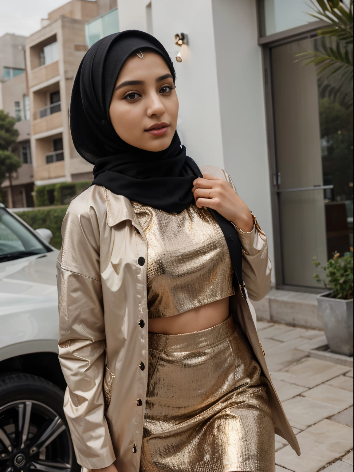 (8K, Ultra high res:1.1) Nasrin, an 18-year-old Iranian girl, showcases her modern hijab fashion style. She wears a stylish and fashionable outfit that complements her hijab, reflecting her contemporary Iranian identity. Nasrin's captivating brown eyes, radiant smile, and flowing dark hair are highlighted in the high-resolution image. The vibrant colors and unique patterns of her clothing add to the visual appeal, creating a visually stunning representation of Nasrin's stylish hijab fashion and her youthful confidence.