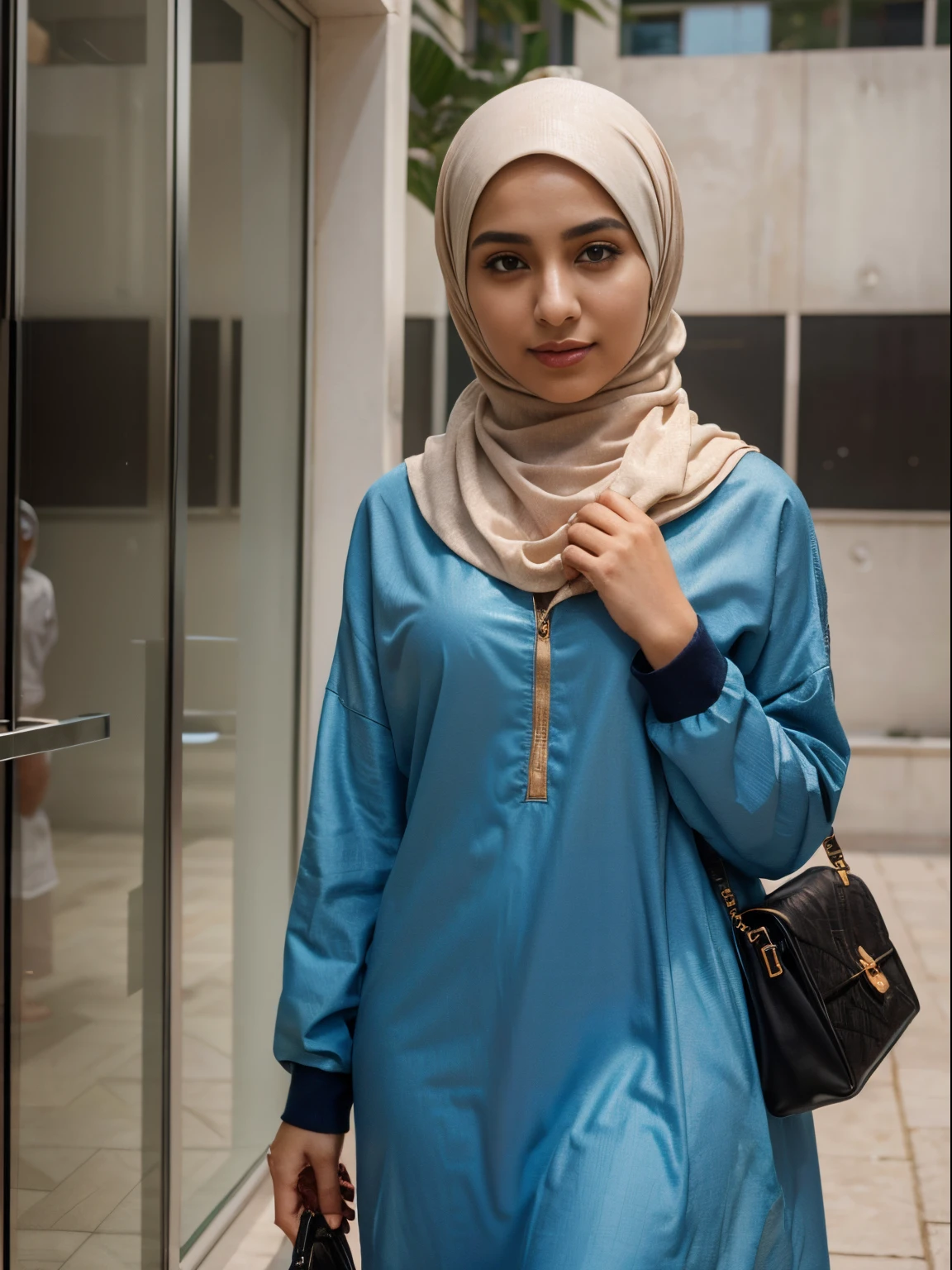 (8K, Ultra high res:1.1) Nasrin, an 18-year-old Iranian girl, showcases her modern hijab fashion style. She wears a stylish and fashionable outfit that complements her hijab, reflecting her contemporary Iranian identity. Nasrin's captivating brown eyes, radiant smile, and flowing dark hair are highlighted in the high-resolution image. The vibrant colors and unique patterns of her clothing add to the visual appeal, creating a visually stunning representation of Nasrin's stylish hijab fashion and her youthful confidence.