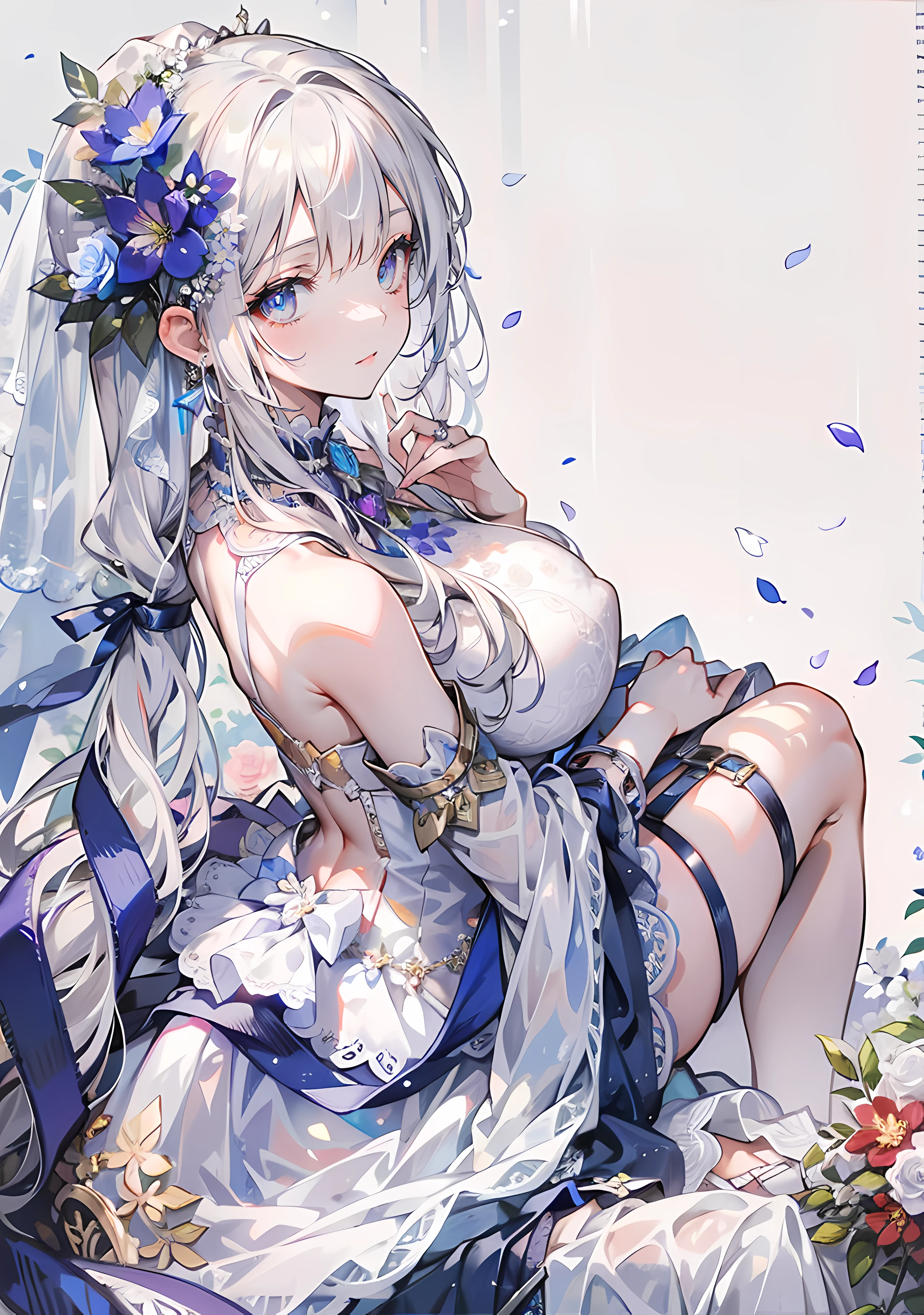((Best quality at best)), ((tmasterpiece)) wedding princess dress, llight rays, lens flare glow, White petals, long hair cat, exotic,Wedding flowers,Sense of lens,face to the viewer,The feeling of looking down,(flower wedding dress),Colossal tits,White flowers,eyes with brightness,Light blue flowers