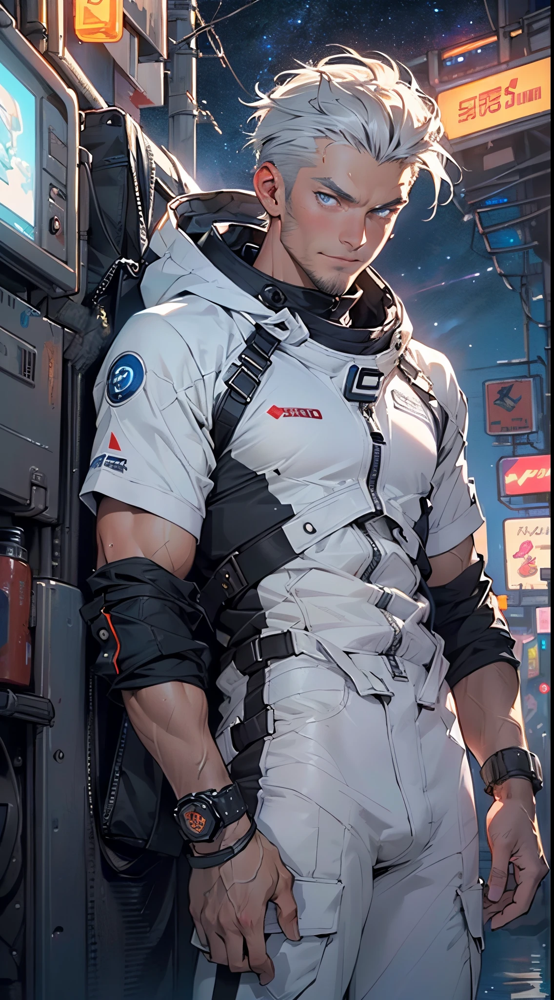 (man:1.5),1 man,space adventure man,(((1man))),

(((1male,man:1.5,handsome man,male,male gender:1.5,male focus))),macho man,

((large black hair,disheveled hair,black hair,slicked hair)),(((lustrous skin:1.5,tanned skin,bright skin: 1.5,skin tanned,shiny skin,very shiny skin,shiny body,illuminated skin))),(((red_eyes:1.2))),intricate eyes,beautiful detailed eyes,symmetrical eyes,man chest,handsome face,((muscular,muscular man)),(((detailed face))),

alluring look,nsfw,

space suit pants,((bulge in pants)),((space suit outfit, red space suit,short sleeve spacesuit)),(wearing a space suit outfit:1.3,space suit clothes),((wet clothes,intricate outfit,intricate clothes)),

(dynamic pose:1.0),solo focus,((evil smile,evil look)),(centered,scale to fit dimensions,Rule of thirds),

cyberpunk city by the ocean at night, with bright neon signs and dark stormy clouds and puddles, scenery:1.25,nighttime, starry night, cosmos,Very dark night that makes the neon lights stand out, very bright neon lights,nighttime, starry night, cosmos,

artistic photography,(photography taken by sldr),highres, sharp focus,(ultra detailed, extremely detailed), (photorealistic artwork:1.37),(extremely detailed CG unity 8k wallpaper),((synthwave background theme)),(((vibrant colors))),intricate,(intricate background),(masterpiece),(best quality),photo realistic,analog style,((intricate detail)),(((realism))),

