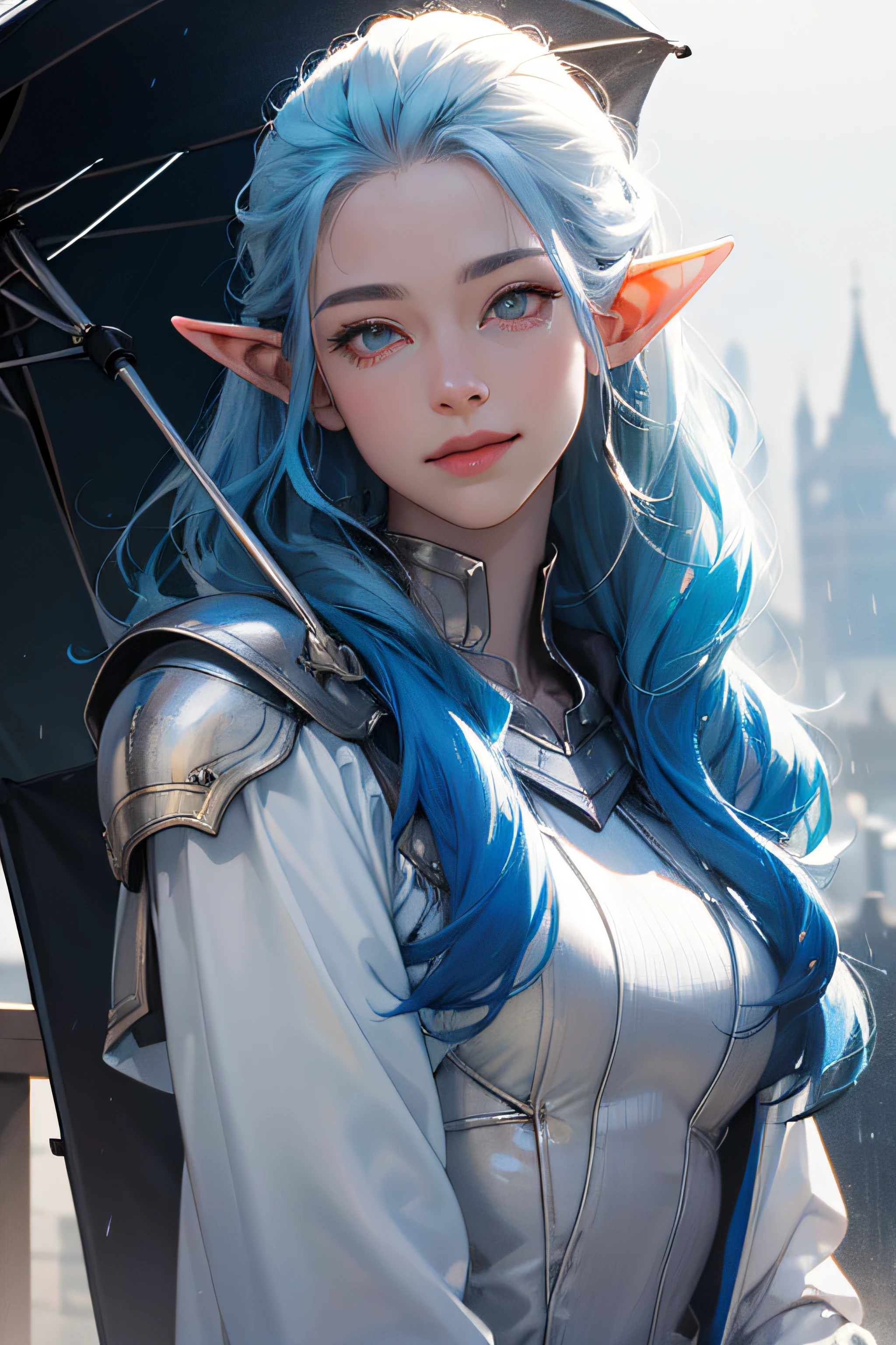 (RAW photo, best quality), (realistic, photo-realistic: 1.3), best quality, highly detailed, masterpiece, highly detailed, illustration, (absurdres, highres, ultra detailed), 1 woman, mature woman, elderly, hair long wavy,1 beautiful goddess,beautiful white elf angel,wearing bright blue hoodie,partial upper body,dynamic angle,world masterpiece theater,white skin,beautiful elf girl goddess long bright blue hair_bright blue long hair_,best quality, Unity Wallpaper Highly detailed 8k CG, ink, Awesome, bright blue hair, cinematic lighting, lens flare,, soothing tones, muted colors, high contrast, hyperrealism, soft light, sharp), beautiful girl fairy angel white skin, white eyes, smiling , silver armor, covered armor, dynamic pose, flowing hair, classic era, (modern theme:1.1), future, future era, closed blue hoodie, oversized blue hoodie, london city streets, rain