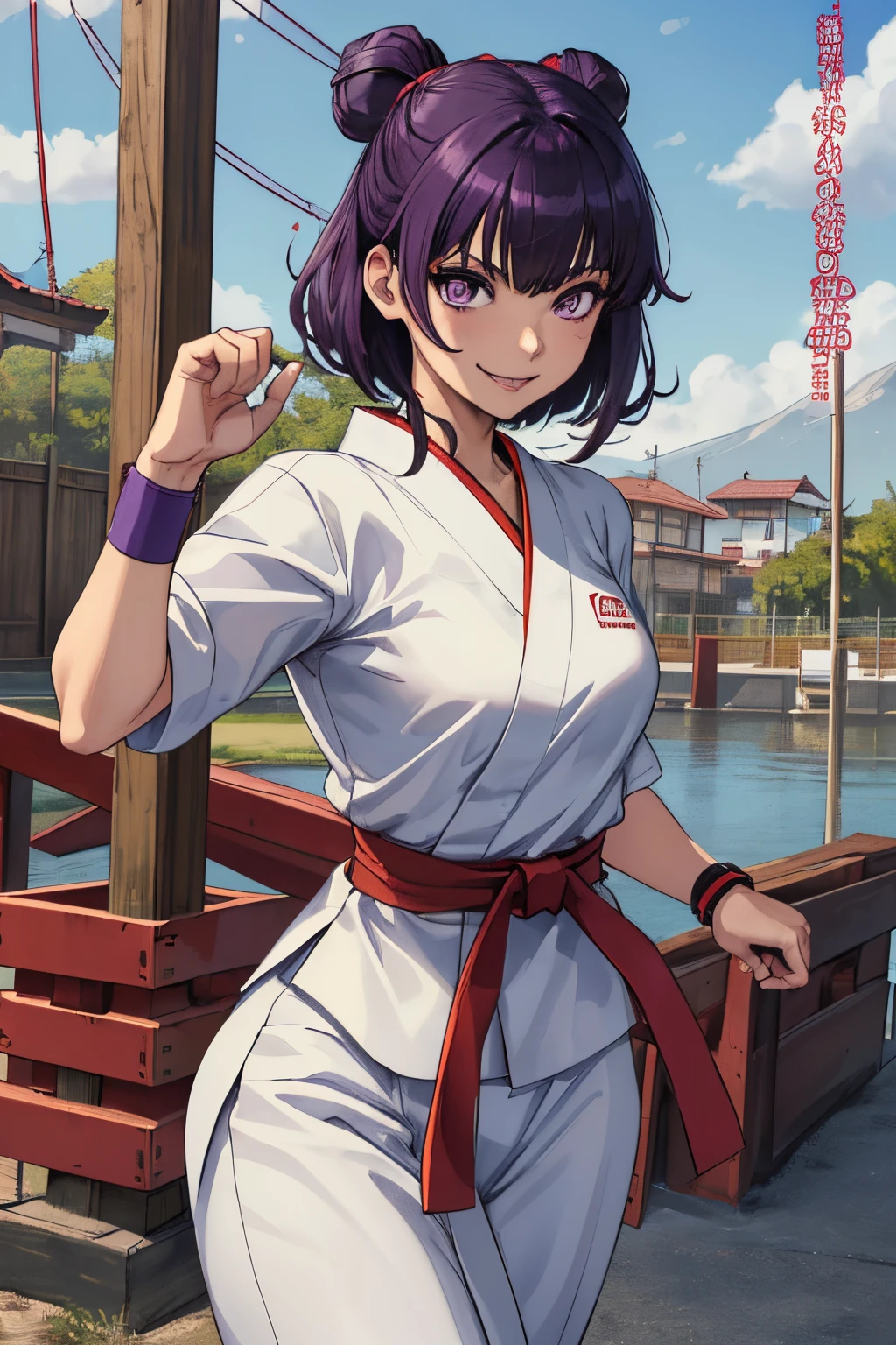 Nekomi Nabeshima, 1girl, solamente, martial arts belt, Karate GI, pelo corto, purple eyes, They are smiling, cabello verde, sonrisa, Mirando al espectador, bloqueos laterales, Pelo corto con mechones largos, ;p, wristband, senos medianos ((extremadamente detallado)), ((La mejor calidad)), ((Obra maestra)), ((4k))