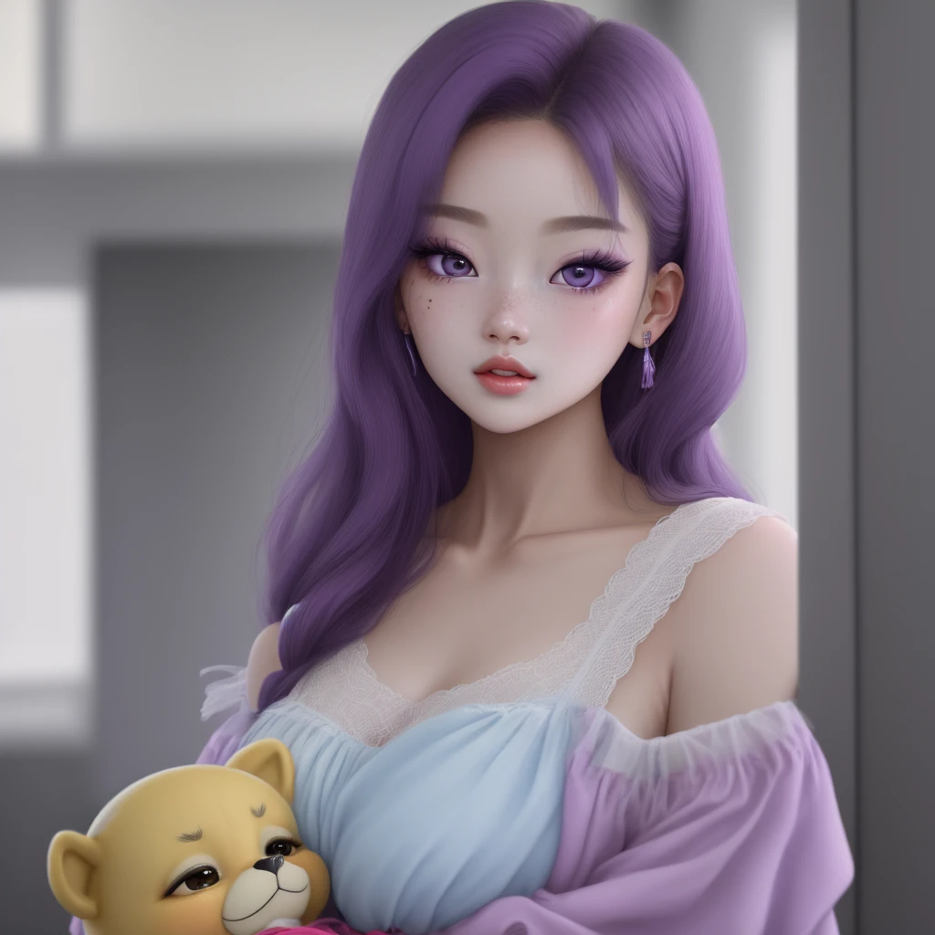 Chica rubia de ojos bicolor (morado y azul), pecas en su rostro ; con apariencia similar a Jennie de Blackpink, carrying a newborn.