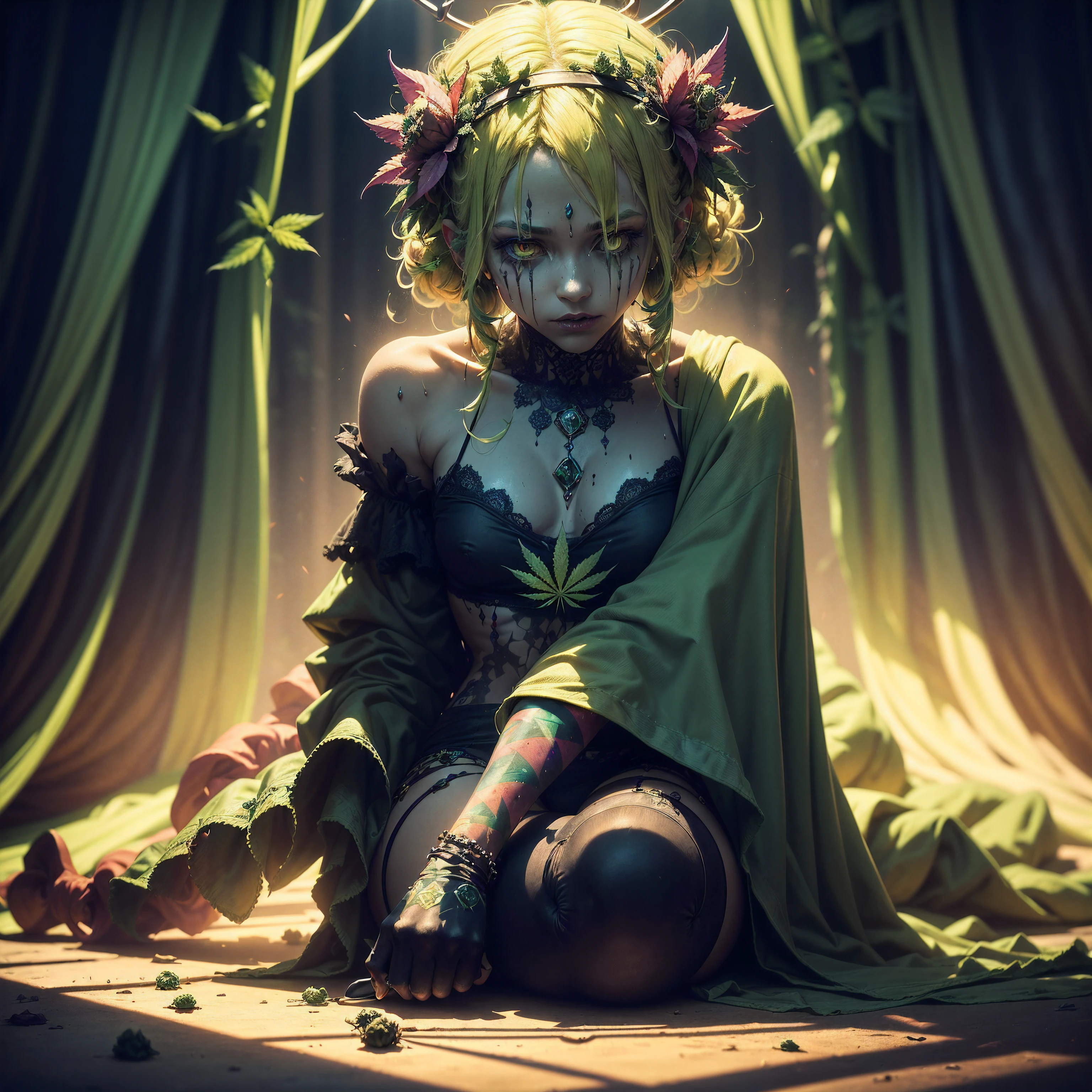 Crazy Clown Queen, sitting on a golden throne, Wear a clown hat, Wear clown costumes, mitts, vivd colour, Laughing, Deep blonde hair, Cute breasts, Horror , (did not wear panties)，Wavy hair, Bun, and high heels. (bloods), Circus props, spooky ambiance, haunted background. Surrealist style, Sharp contrast, ominous lighting, high-density imaging review, Ultra-high definition, Studio lighting,physically-based renderingt, Extreme detail description, professional (Horror ) The Marijuana vines crept across their skin, tendrils worming into pores, twining around limbs. At first it was a tickle, a tease, marijuana leaves fluttering over flesh. But then the vines thickened, tightened, thorns digging in, not to draw blood but to anchor. They felt the marijuana pulse inside them giving them pure euphoria, cannabinoids polluting in their veins, marijuana crystals and resin start creeping into their bones. They watched looking at them selves as they sat in a room of mirrors what showed the image on every surface, immobilized with euphoria, as THC AND CBD seeped through their skin, etching rainbow like shadows. The last remains of their humanity withered as the marijuana wrapped them in marijuana flower and marijuana crystals, reducing them to pure euphoria. Soon there was no visible trace of the man, only a human-shaped mass of marijuana standing there.