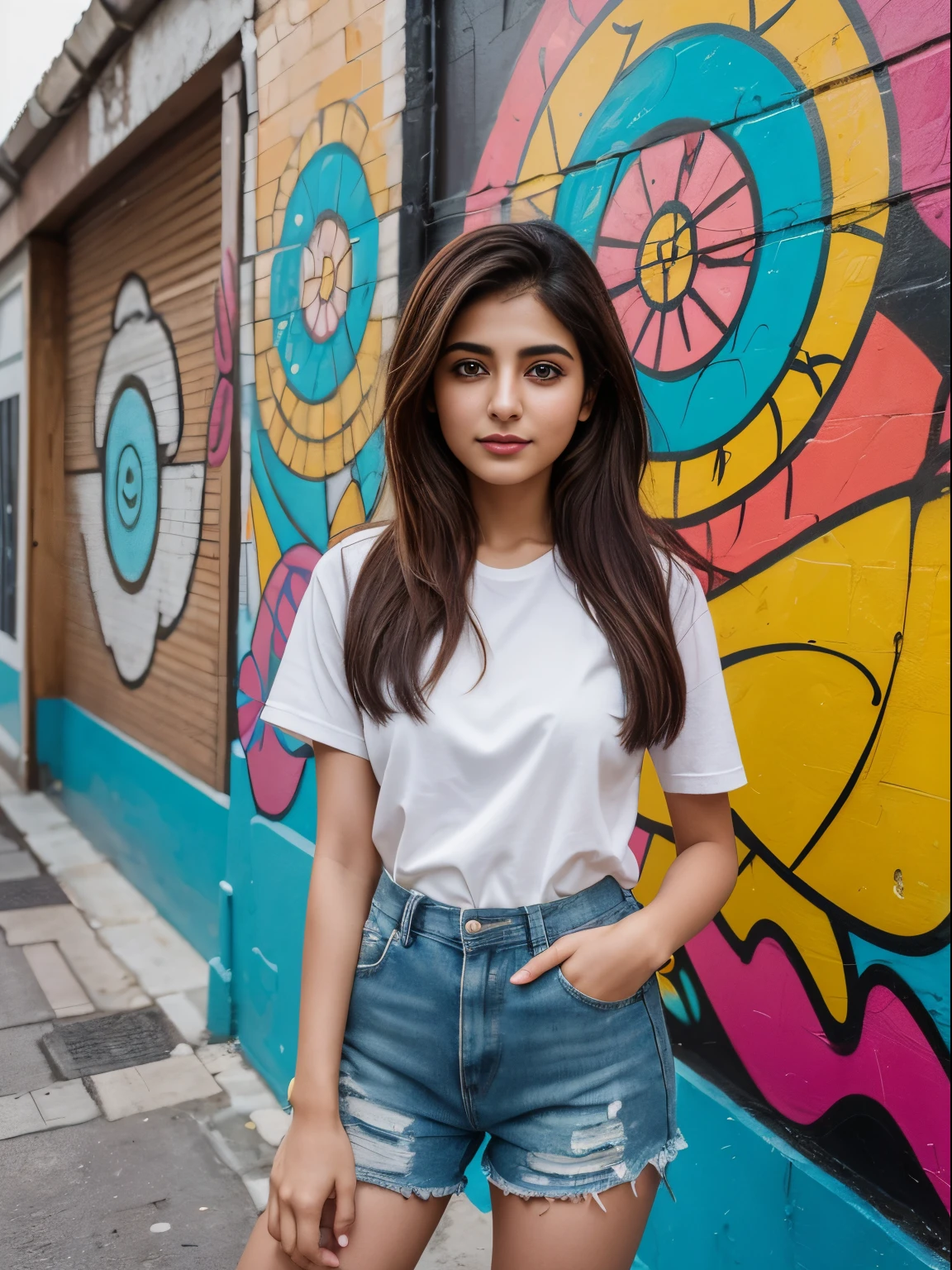 (8K, Ultra high res:1.1) Nasrin, an 18-year-old Iranian girl, poses in front of a vibrant street art mural. She wears a trendy and edgy outfit that showcases her unique style. Nasrin's captivating brown eyes, radiant smile, and flowing dark hair are highlighted in the high-resolution image. The dynamic and colorful street art creates a visually stunning backdrop, capturing Nasrin's artistic expression and her youthful spirit of individuality.