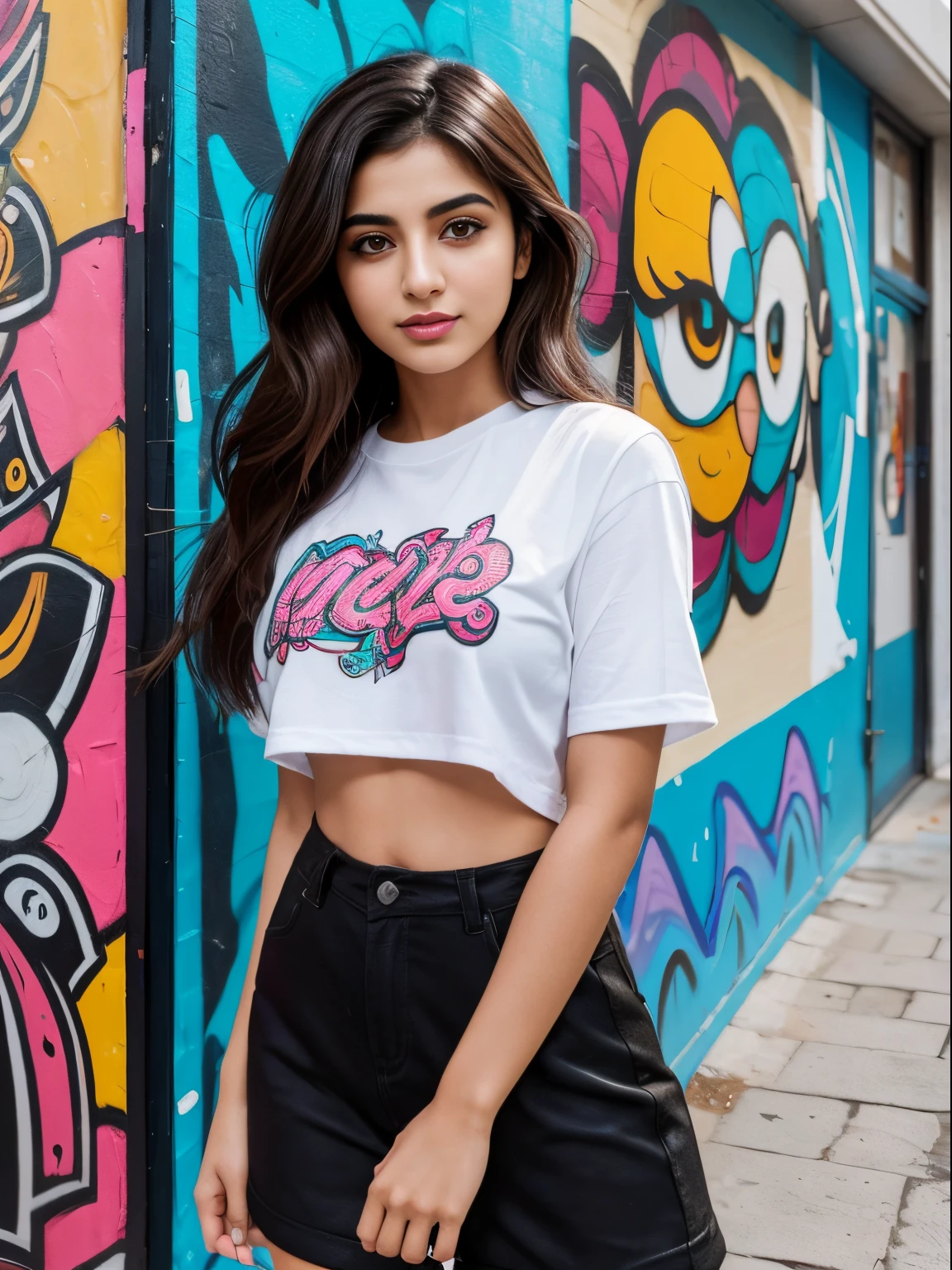 (8K, Ultra high res:1.1) Nasrin, an 18-year-old Iranian girl, poses in front of a vibrant street art mural. She wears a trendy and edgy outfit that showcases her unique style. Nasrin's captivating brown eyes, radiant smile, and flowing dark hair are highlighted in the high-resolution image. The dynamic and colorful street art creates a visually stunning backdrop, capturing Nasrin's artistic expression and her youthful spirit of individuality.