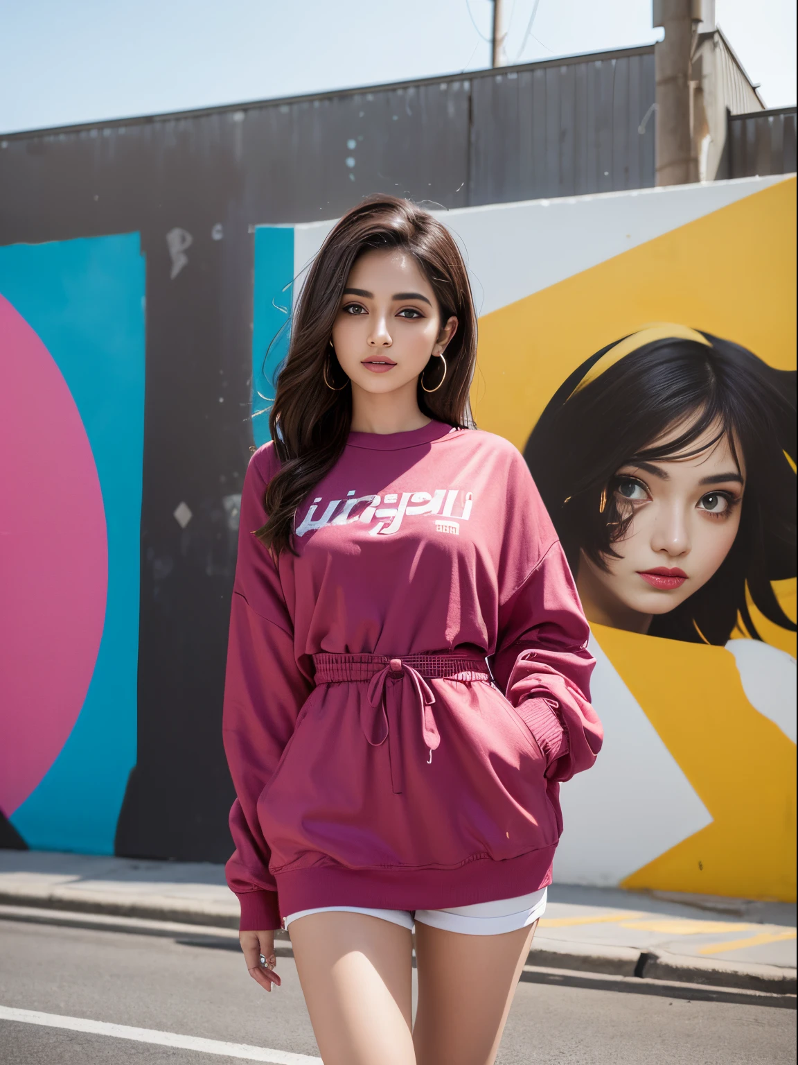 (8K, Ultra high res:1.1) Nasrin, an 18-year-old Iranian girl, poses in front of a vibrant street art mural. She wears a trendy and edgy outfit that showcases her unique style. Nasrin's captivating brown eyes, radiant smile, and flowing dark hair are highlighted in the high-resolution image. The dynamic and colorful street art creates a visually stunning backdrop, capturing Nasrin's artistic expression and her youthful spirit of individuality.