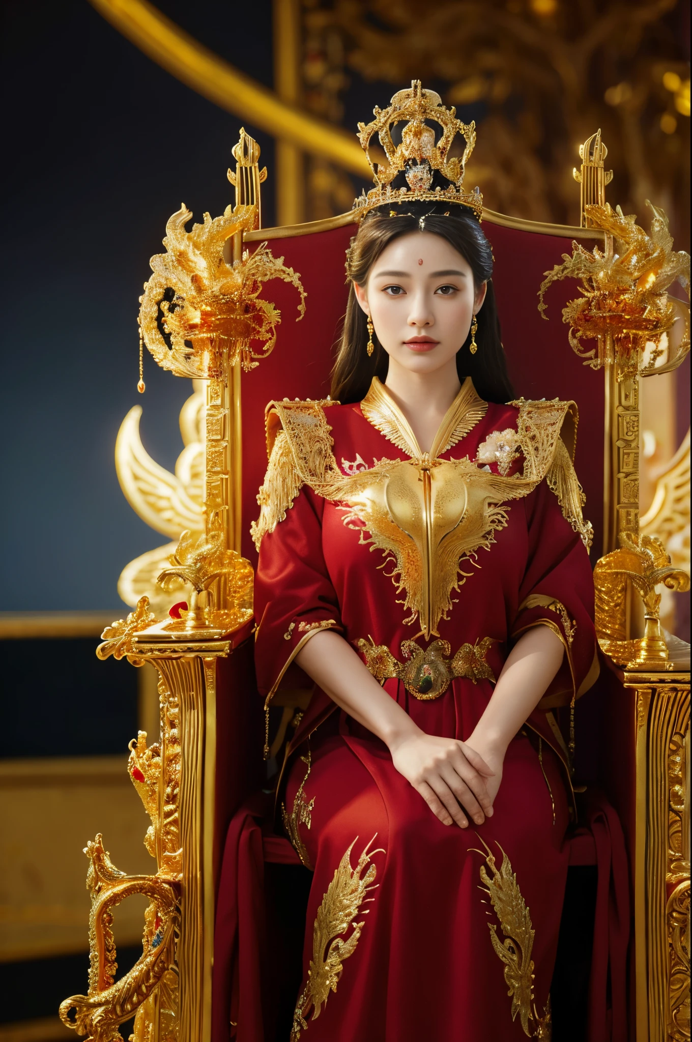 Best quality, masterpiece, detail, intricate detail, realistic cinematic lighting, (fantasy art: 1.6), (seiza: 1.1), (front: 1.2), upright, royal, majestic, queen, (huge and golden throne: 1.4), crown, close-up front, solemn, throne, upright posture, seriousness, dignity, gaze ahead, contemplation, jewelry, solo, divine ray, 1 woman, gold and red dress, golden palace,