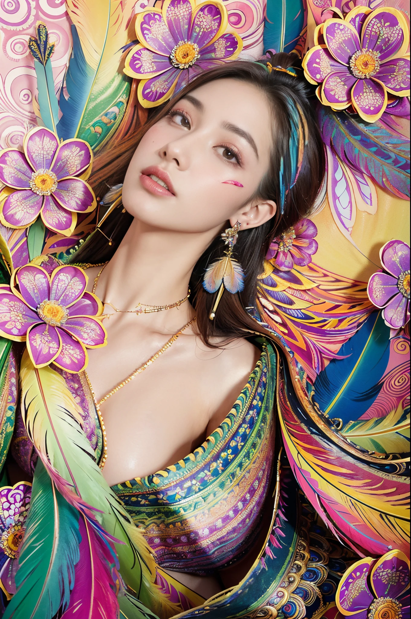 (masterpiece, top quality, best quality, official art, beautiful and aesthetic:1.2), (1girl:1.3), extremely detailed,(fractal art:1.1),(colorful:1.1)(flowers:1.3),highest detailed,(zentangle neon:1.2), (dynamic pose), (abstract background neon:1.3), (shiny skin), (many colors:1.4), ,(earrings), (feathers:1.5) , (Flamethrower:1.3),red background,Phoenix dress,Neon,full HD