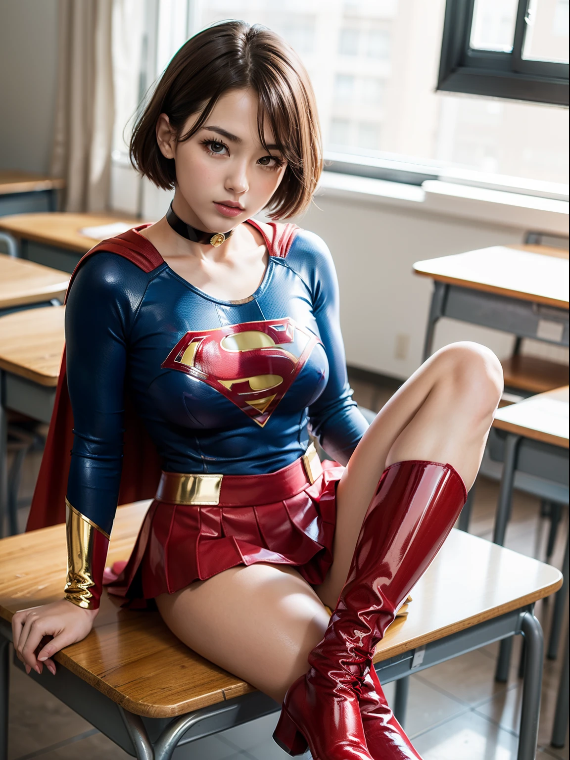 ​masterpiece,Short-haired Supergirl sitting at school desk with legs spread、large full breasts、Looking at the camera、Glossy enamel costume、Glossy bright red enamel long boots、Shiny red skirt、seduces、a choker、Large open legs