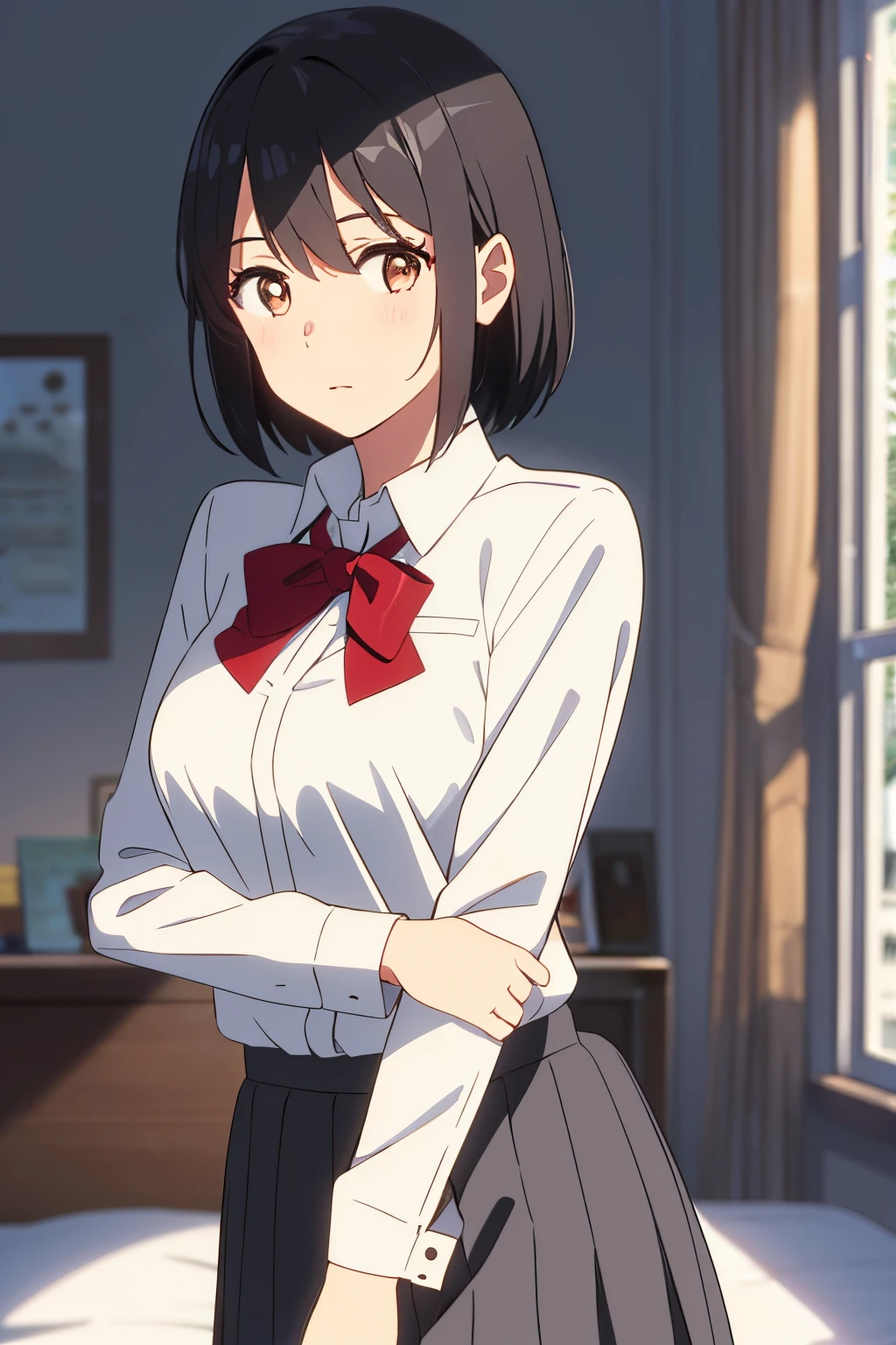 shinkai makoto, kimi no na wa., 1girl, bangs, bed sheet, black hair, blush, breasts, medium breast, brown eyes, red bow, short hair, solo, upper body, white long sleeve shirt, cowboy shot, lying, medium breasts, on back, grey skirt, bedroom, pov, boy's arm breast gropping POV