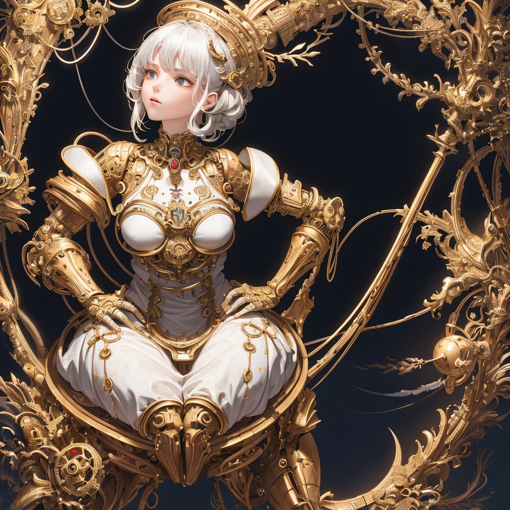 ((:1.1)), (tmasterpiece, top-quality, Best quality at best, offcial art, Beautiful and beautiful:1.2), (1个Giant Breast Girl:1.3), extremely detaile,Colorful,The most detailed ((ultra - detailed)), (Highly detailed CG illustration), ((Extremely Delicately Beautiful)),电影灯光,((1 mechanical girl)),Alone,full bodyesbian,(Machine made joints:1.2),(Mechanical limb),(The blood vessels are connected to the tube),(Mechanical vertebrae attach to the back),((The mechanical cervical vertebrae are attached to the neck)),(sitted),face expressionless,(wires and cables attaching to neck:1.2),(wires and cables on head:1.2),(Character focus),scientific fiction,white backgrounid