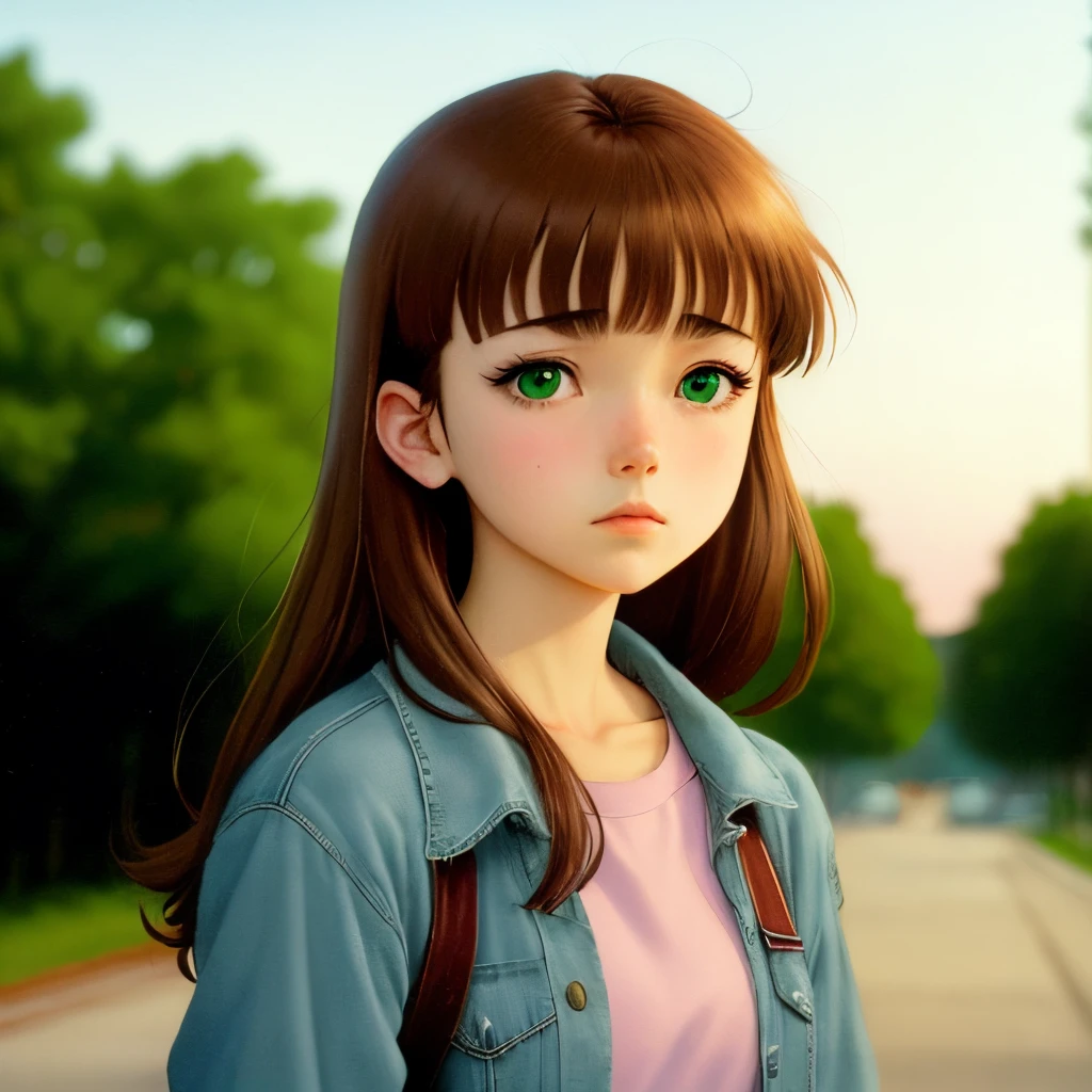 sad 80's anime girl with brown hair and bangs, green eyes