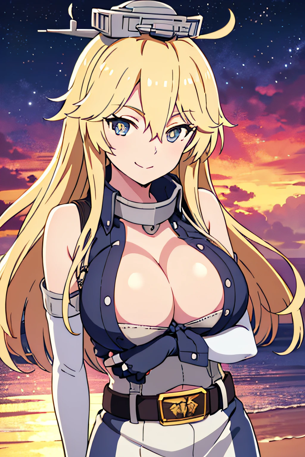 DEFIOWA, HEADGEAR, STAR-SHAPED PUPILS, CLEAVAGE, FRONT-TIE TOP, STRIPED SKIRT, BELT, GARTER STRAPS, ELBOW GLOVES, BLUE FINGERLESS GLOVES, MISMATCHED LEGWEAR, HUGE BREASTS, 1girl, solo, upper body, facing viewer, looking at viewer, smile