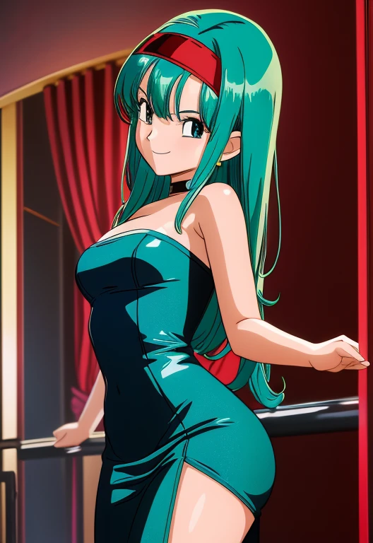 (Photo:1.3), highdetail, Bulla, 1girl, solo, aqua hair, red headband, solo, black dress, strapless, skin-tight dress,  sexy poses, Smile, upper body. (acclaimed, alluring, captivating, exciting, gorgeous, striking:1.3), (trending on artstation:1.3), 2D illustration, high quality.